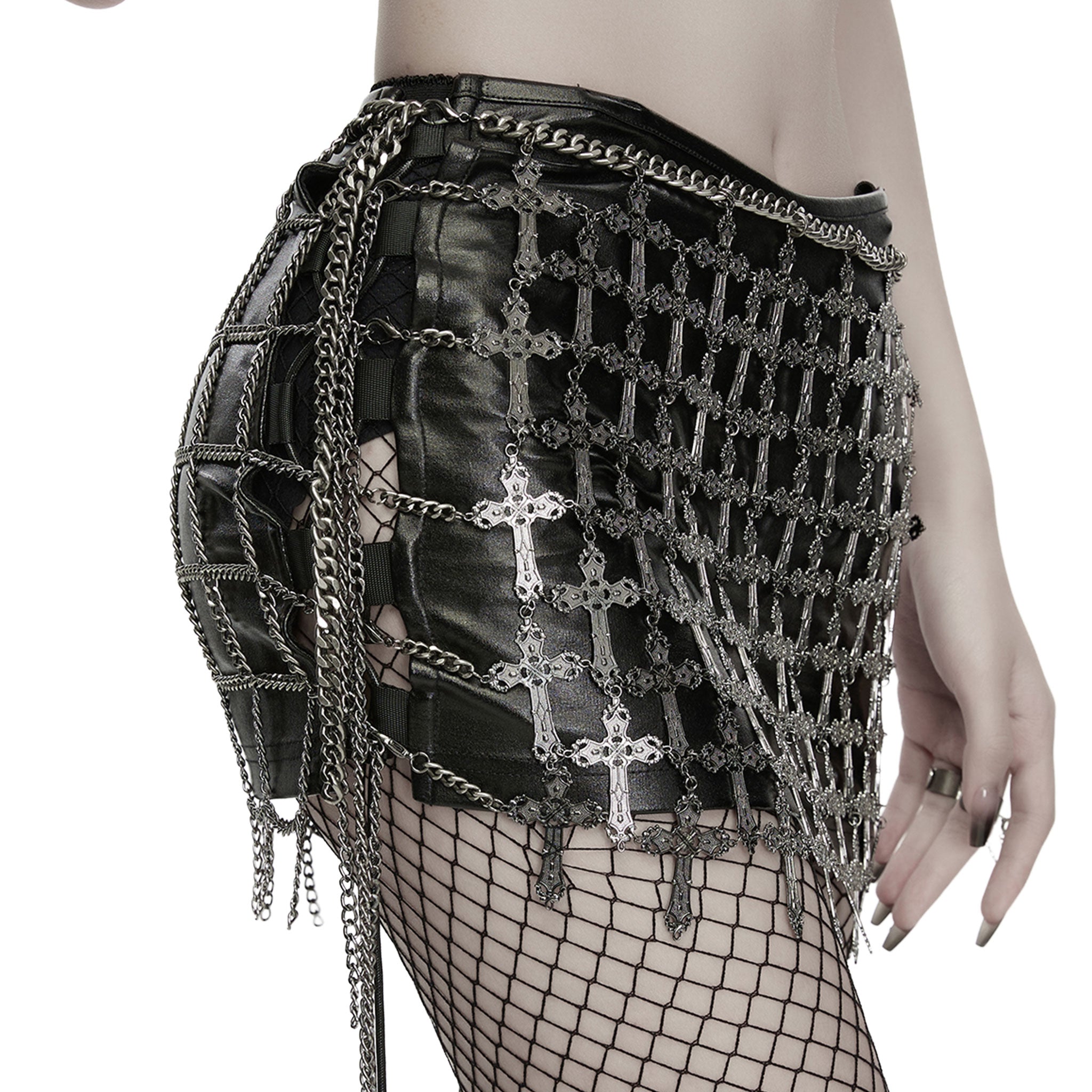 Aluminum-alloy iron chains metallic-chain apparel accessories skirt mini-skirt harness body-harness waist-harness cage-skirt hollow-cage tassels carved-crosses cross-chain adjustable closure lobster-clasp versatile textured comfortable subversive fierce slim-fit secure flexible stylish sleek edgy movement flair fetish fashion alt-fashion alternative punk rock goth gothic festival renfaire renaissance vintage costume cosplay halloween afterdark-collection female femme feminine womens black