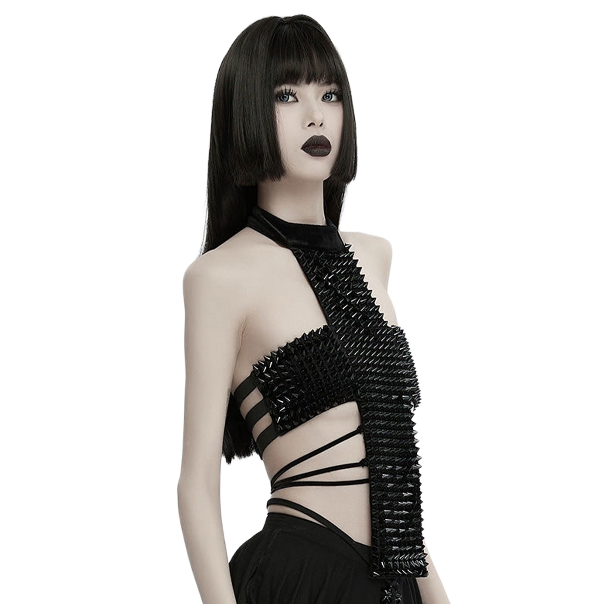Velvet polyester elastane apparel top halter-top sleeveless halter-neck waist-strings snap-button press-stud back-buckle slide-buckle adjustable spikes spiked spiky conical-spikes cross cruciform elastic-straps fitted soft elastic sexy skimpy strappy bold fashion alt-fashion alternative punk goth gothic avant-garde futuristic clubbing clubwear kink kinky kinkwear costume cosplay halloween female femme feminine womens black