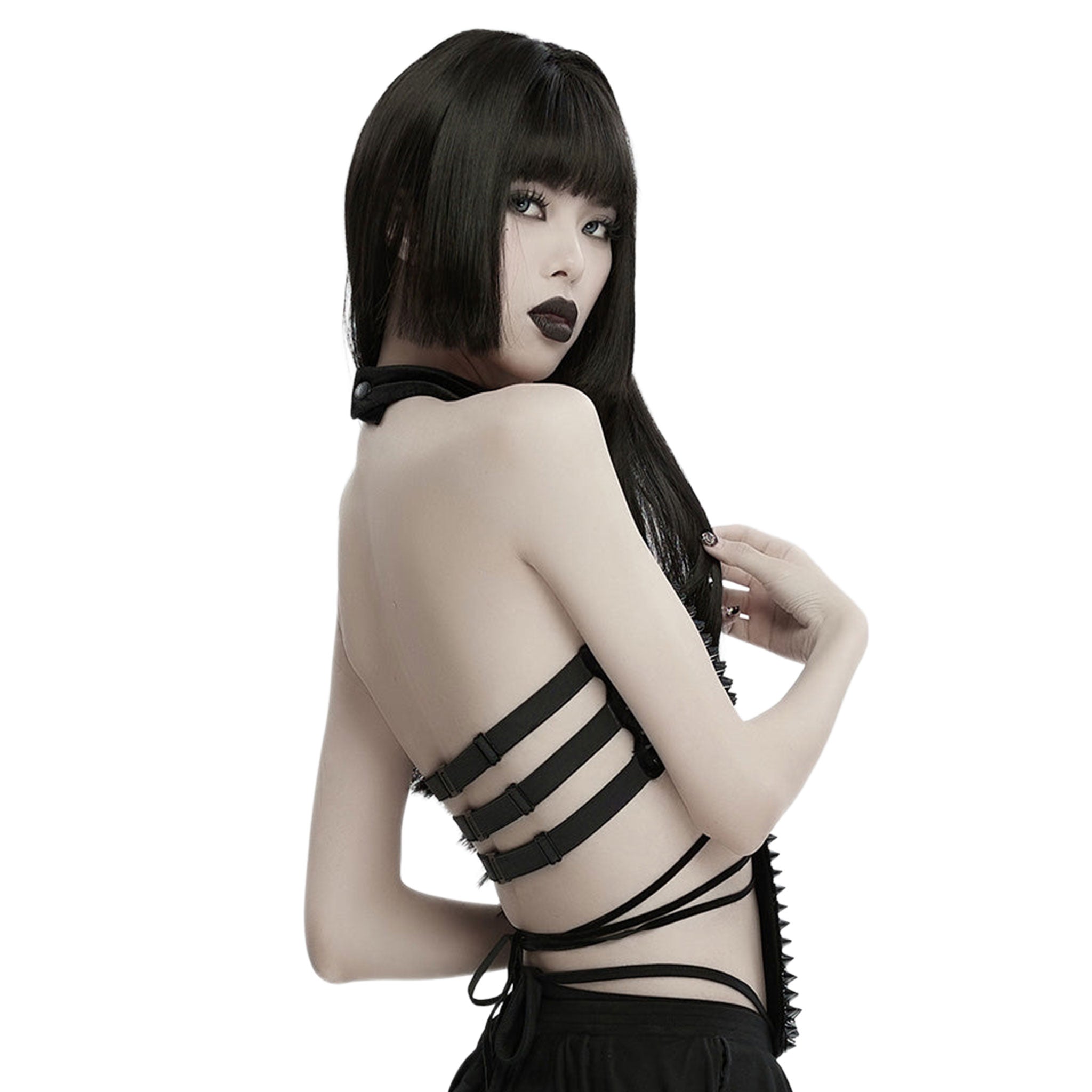 Velvet polyester elastane apparel top halter-top sleeveless halter-neck waist-strings snap-button press-stud back-buckle slide-buckle adjustable spikes spiked spiky conical-spikes cross cruciform elastic-straps fitted soft elastic sexy skimpy strappy bold fashion alt-fashion alternative punk goth gothic avant-garde futuristic clubbing clubwear kink kinky kinkwear costume cosplay halloween female femme feminine womens black