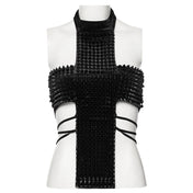 Velvet polyester elastane apparel top halter-top sleeveless halter-neck waist-strings snap-button press-stud back-buckle slide-buckle adjustable spikes spiked spiky conical-spikes cross cruciform elastic-straps fitted soft elastic sexy skimpy strappy bold fashion alt-fashion alternative punk goth gothic avant-garde futuristic clubbing clubwear kink kinky kinkwear costume cosplay halloween female femme feminine womens black