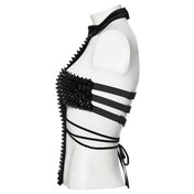 Velvet polyester elastane apparel top halter-top sleeveless halter-neck waist-strings snap-button press-stud back-buckle slide-buckle adjustable spikes spiked spiky conical-spikes cross cruciform elastic-straps fitted soft elastic sexy skimpy strappy bold fashion alt-fashion alternative punk goth gothic avant-garde futuristic clubbing clubwear kink kinky kinkwear costume cosplay halloween female femme feminine womens black