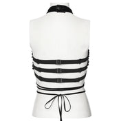 Velvet polyester elastane apparel top halter-top sleeveless halter-neck waist-strings snap-button press-stud back-buckle slide-buckle adjustable spikes spiked spiky conical-spikes cross cruciform elastic-straps fitted soft elastic sexy skimpy strappy bold fashion alt-fashion alternative punk goth gothic avant-garde futuristic clubbing clubwear kink kinky kinkwear costume cosplay halloween female femme feminine womens black