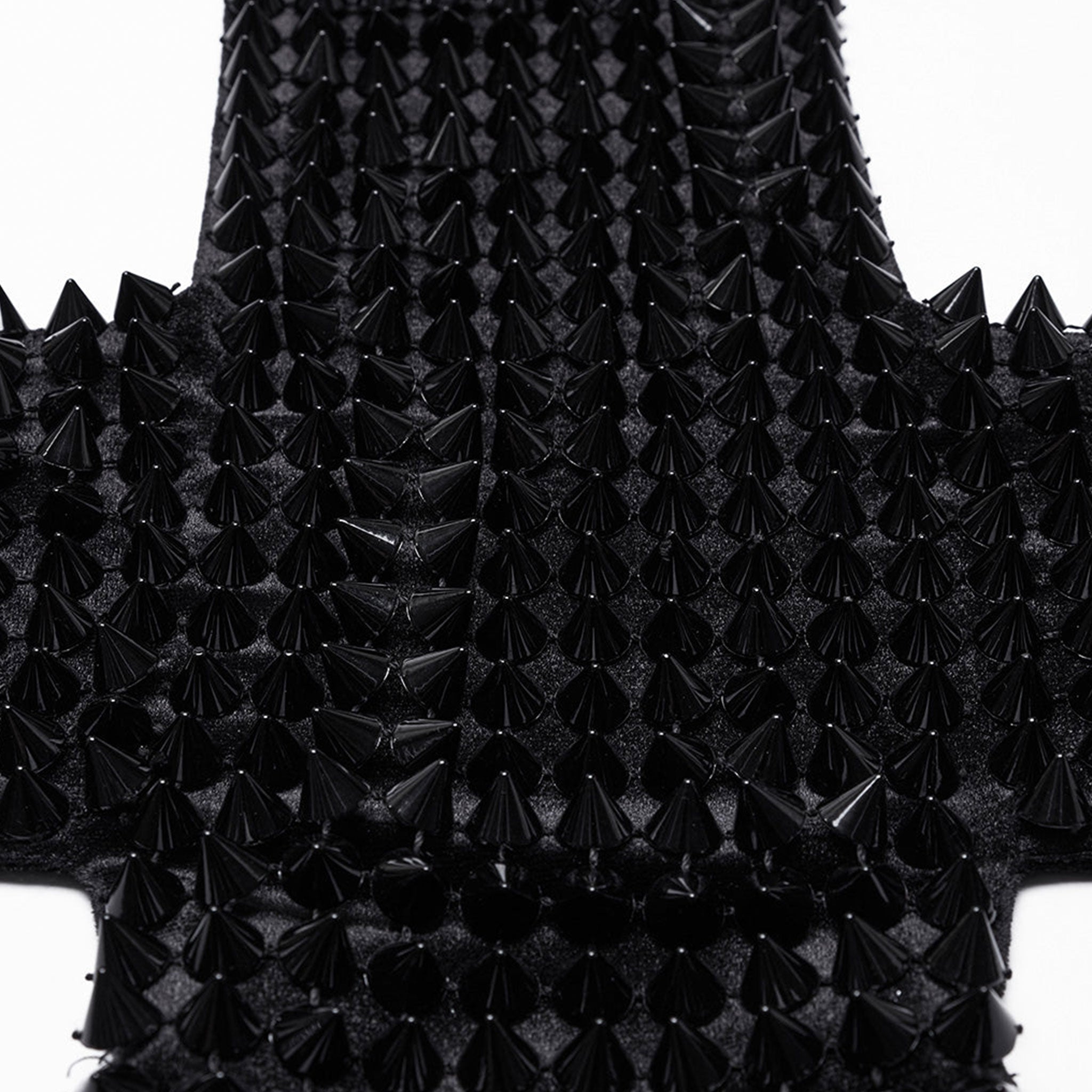 Velvet polyester elastane apparel top halter-top sleeveless halter-neck waist-strings snap-button press-stud back-buckle slide-buckle adjustable spikes spiked spiky conical-spikes cross cruciform elastic-straps fitted soft elastic sexy skimpy strappy bold fashion alt-fashion alternative punk goth gothic avant-garde futuristic clubbing clubwear kink kinky kinkwear costume cosplay halloween female femme feminine womens black