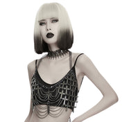 Aluminum-alloy iron chains semi-transparent accessories top harness body-harness chest-harness bralette cross cross-motif hanging-chains Cuban-link ring-mail wide-straps halter-neck open-back adjustable lobster-clasp shiny edgy layered bold comfortable lightweight breathable fashion alt-fashion alternative punk goth gothic dark roleplay role-play vampire vampire-fashion sacrilege sacrilegious sacred costume cosplay halloween halloween-accessories afterdark-collection female femme feminine womens silver 