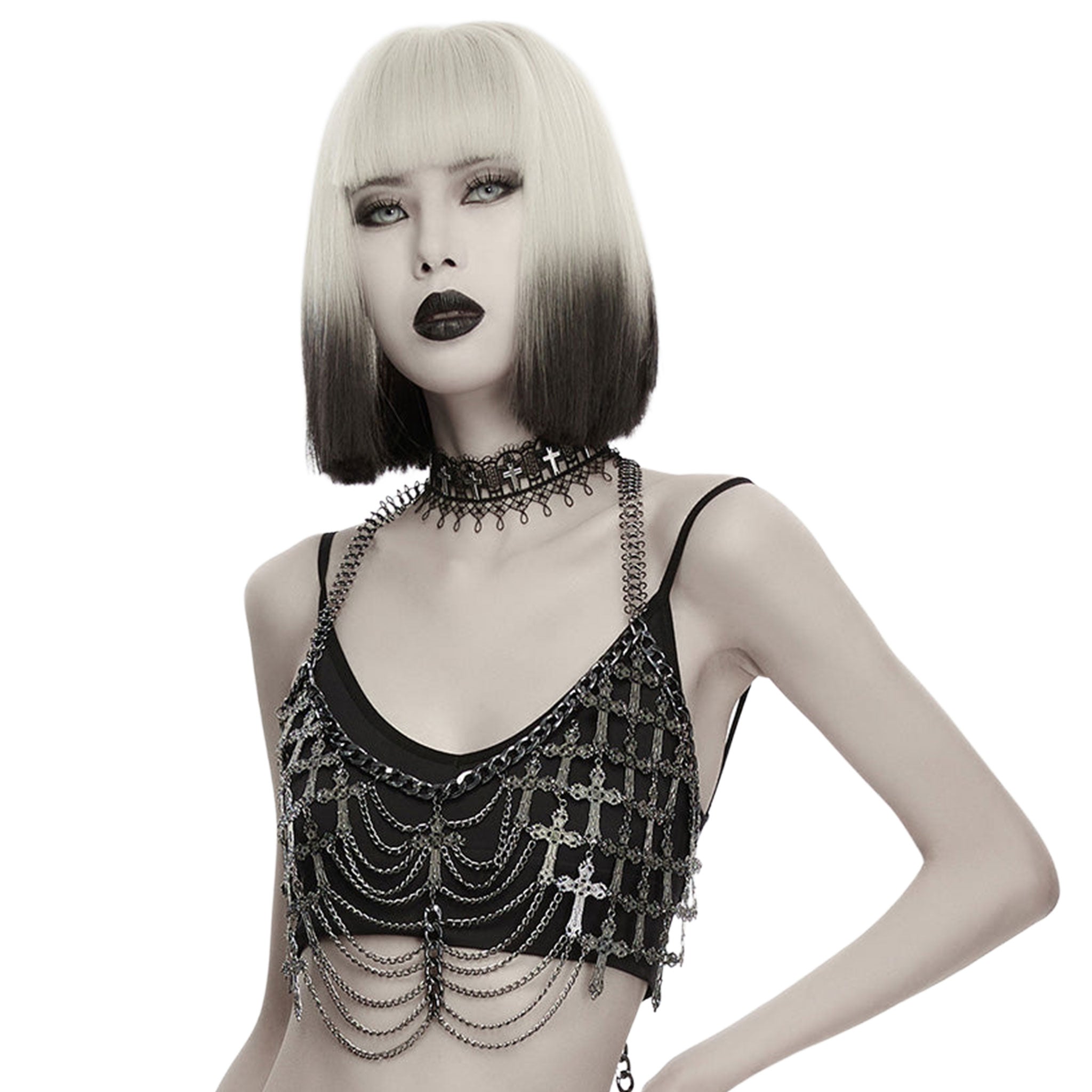 Aluminum-alloy iron chains semi-transparent accessories top harness body-harness chest-harness bralette cross cross-motif hanging-chains Cuban-link ring-mail wide-straps halter-neck open-back adjustable lobster-clasp shiny edgy layered bold comfortable lightweight breathable fashion alt-fashion alternative punk goth gothic dark roleplay role-play vampire vampire-fashion sacrilege sacrilegious sacred costume cosplay halloween halloween-accessories afterdark-collection female femme feminine womens silver 