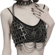 Aluminum-alloy iron chains semi-transparent accessories top harness body-harness chest-harness bralette cross cross-motif hanging-chains Cuban-link ring-mail wide-straps halter-neck open-back adjustable lobster-clasp shiny edgy layered bold comfortable lightweight breathable fashion alt-fashion alternative punk goth gothic dark roleplay role-play vampire vampire-fashion sacrilege sacrilegious sacred costume cosplay halloween halloween-accessories afterdark-collection female femme feminine womens silver 