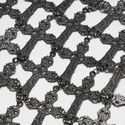 Aluminum-alloy iron chains semi-transparent accessories top harness body-harness chest-harness bralette cross cross-motif hanging-chains Cuban-link ring-mail wide-straps halter-neck open-back adjustable lobster-clasp shiny edgy layered bold comfortable lightweight breathable fashion alt-fashion alternative punk goth gothic dark roleplay role-play vampire vampire-fashion sacrilege sacrilegious sacred costume cosplay halloween halloween-accessories afterdark-collection female femme feminine womens silver 