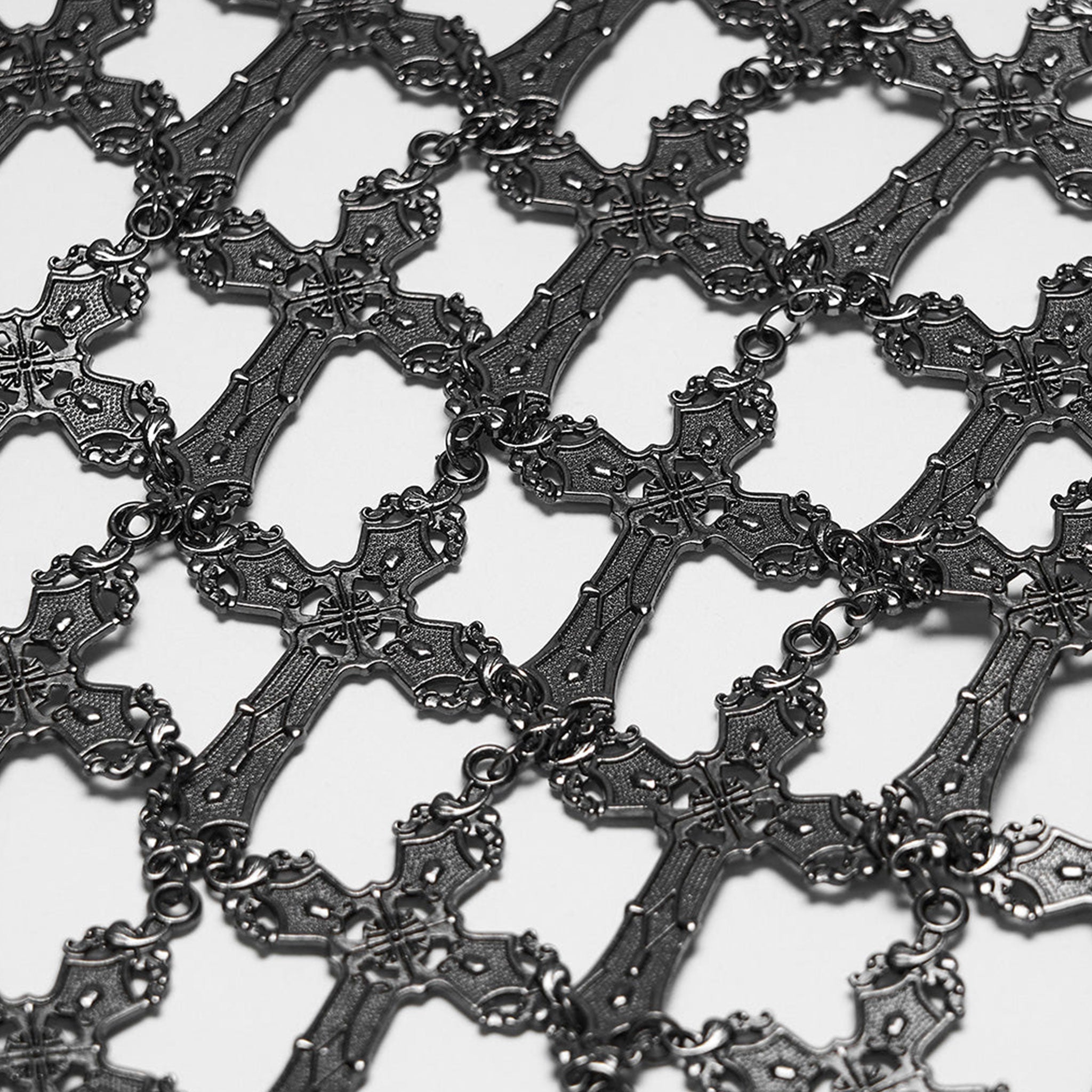 Aluminum-alloy iron chains semi-transparent accessories top harness body-harness chest-harness bralette cross cross-motif hanging-chains Cuban-link ring-mail wide-straps halter-neck open-back adjustable lobster-clasp shiny edgy layered bold comfortable lightweight breathable fashion alt-fashion alternative punk goth gothic dark roleplay role-play vampire vampire-fashion sacrilege sacrilegious sacred costume cosplay halloween halloween-accessories afterdark-collection female femme feminine womens silver 