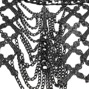 Aluminum-alloy iron chains semi-transparent accessories top harness body-harness chest-harness bralette cross cross-motif hanging-chains Cuban-link ring-mail wide-straps halter-neck open-back adjustable lobster-clasp shiny edgy layered bold comfortable lightweight breathable fashion alt-fashion alternative punk goth gothic dark roleplay role-play vampire vampire-fashion sacrilege sacrilegious sacred costume cosplay halloween halloween-accessories afterdark-collection female femme feminine womens silver 
