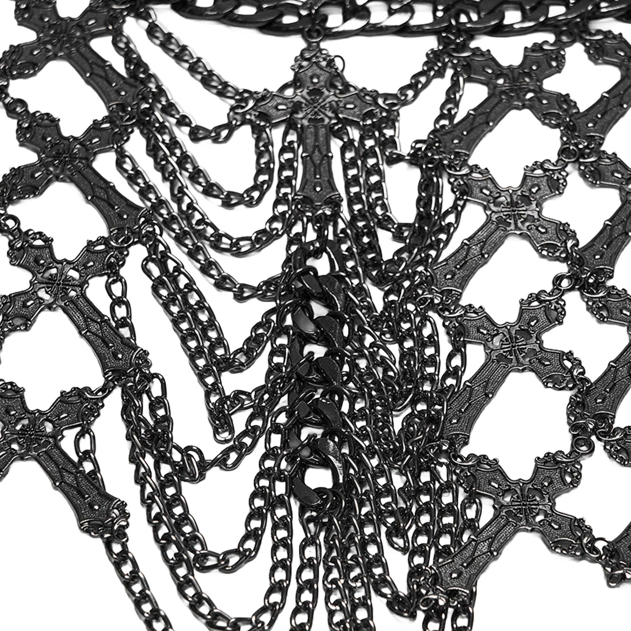 Aluminum-alloy iron chains semi-transparent accessories top harness body-harness chest-harness bralette cross cross-motif hanging-chains Cuban-link ring-mail wide-straps halter-neck open-back adjustable lobster-clasp shiny edgy layered bold comfortable lightweight breathable fashion alt-fashion alternative punk goth gothic dark roleplay role-play vampire vampire-fashion sacrilege sacrilegious sacred costume cosplay halloween halloween-accessories afterdark-collection female femme feminine womens silver 