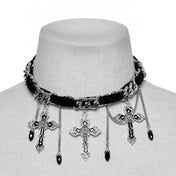 Stainless-steel 316# velvet crystal glass-crystal accessories jewelry necklace chain collar choker adjustable lobster-clasp cross crucifix pendant enamel enamel-inlay drops droplets lightweight comfortable drama dramatic dark-elegance timeless vintage charming charm fetish fashion alt-fashion goth gothic gothic-doll spooky creepy eerie halloween female femme feminine women black silver