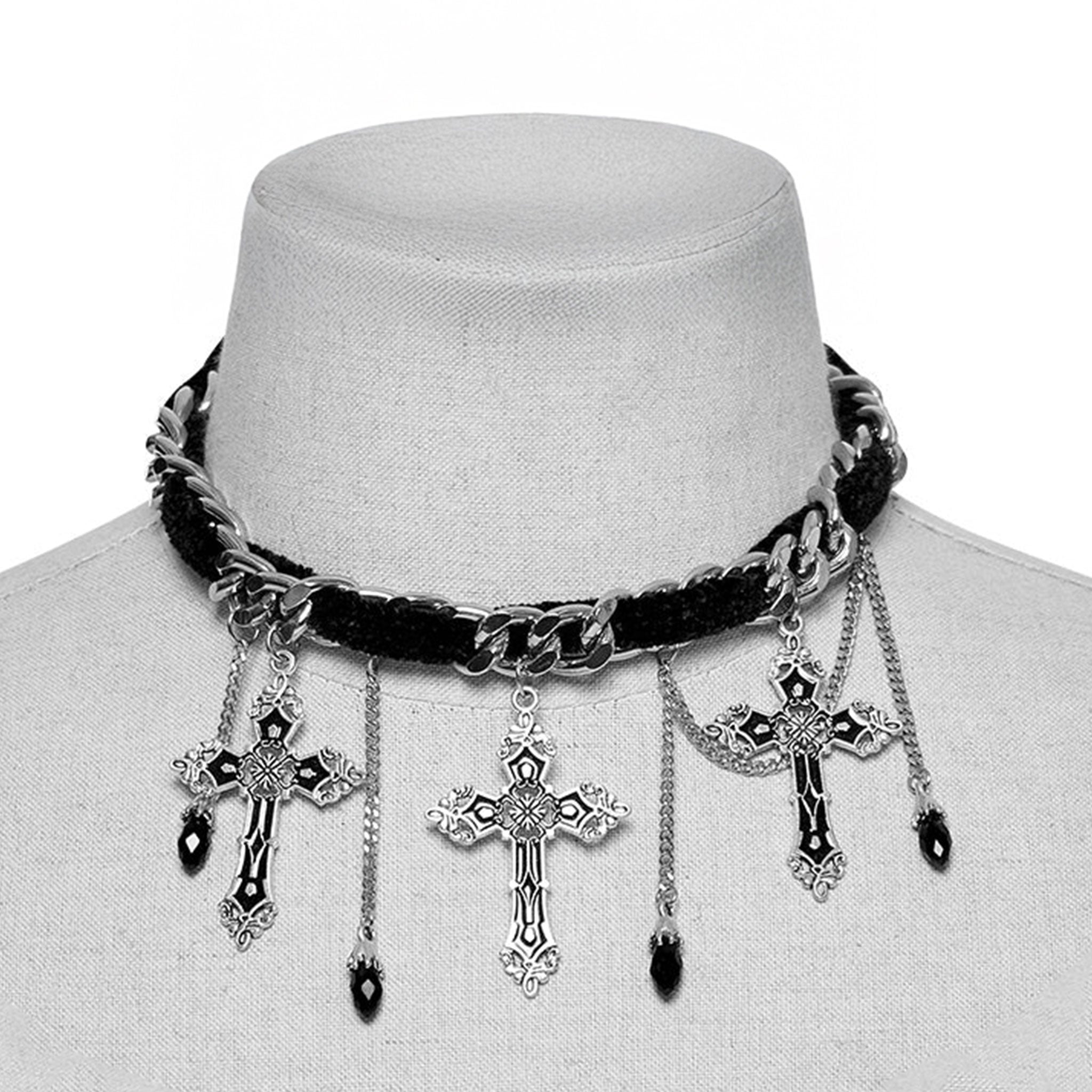 Stainless-steel 316# velvet crystal glass-crystal accessories jewelry necklace chain collar choker adjustable lobster-clasp cross crucifix pendant enamel enamel-inlay drops droplets lightweight comfortable drama dramatic dark-elegance timeless vintage charming charm fetish fashion alt-fashion goth gothic gothic-doll spooky creepy eerie halloween female femme feminine women black silver