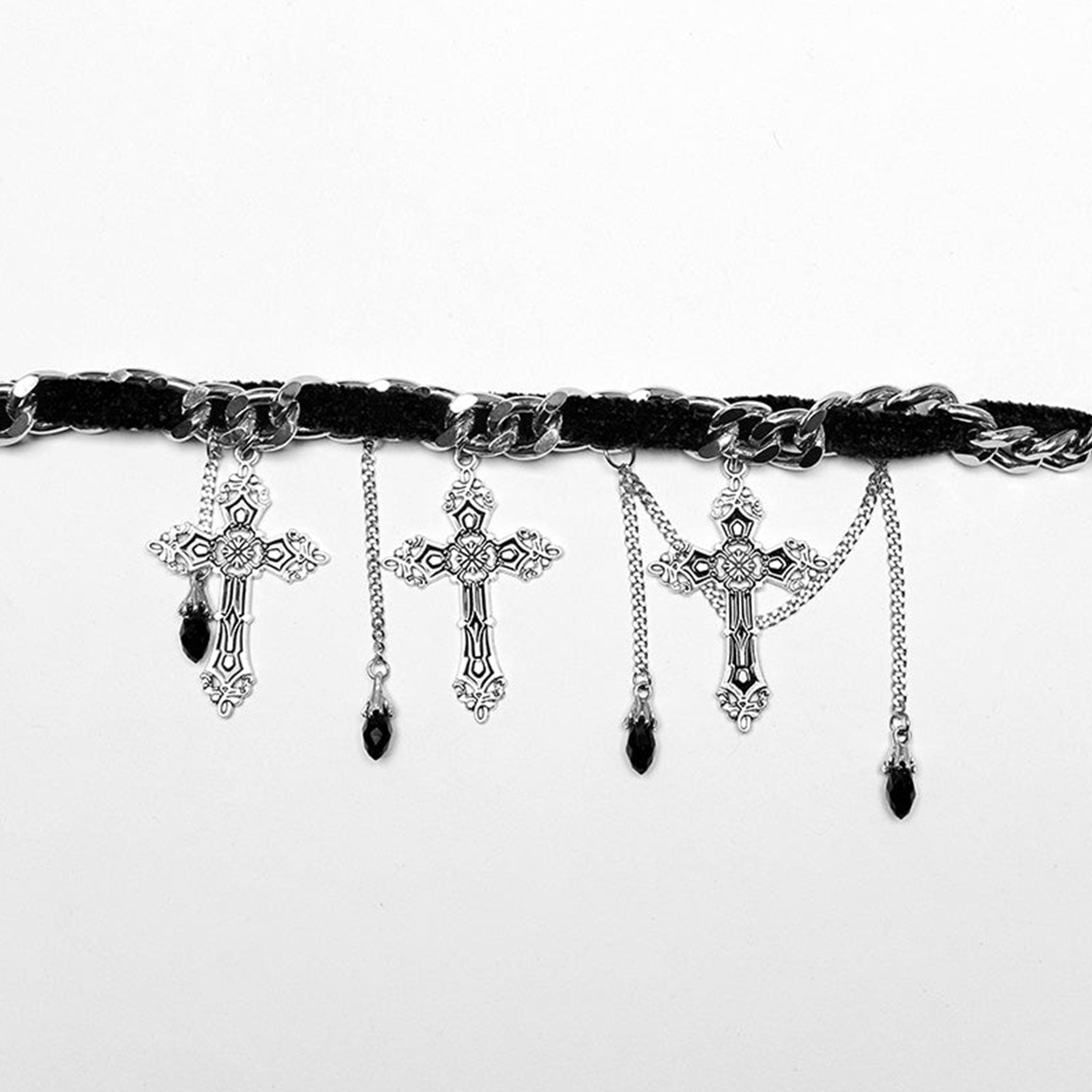 Stainless-steel 316# velvet crystal glass-crystal accessories jewelry necklace chain collar choker adjustable lobster-clasp cross crucifix pendant enamel enamel-inlay drops droplets lightweight comfortable drama dramatic dark-elegance timeless vintage charming charm fetish fashion alt-fashion goth gothic gothic-doll spooky creepy eerie halloween female femme feminine women black silver