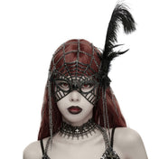 Aluminum-alloy rhinestone iron chain crystal ostrich-feather tulle mesh accessories mask chain-cap spiked-tassels spiked-pendant weighted  cobweb spider-web elastic sparkling shiny edgy mysterious opulent symmetrical fashion alt-fashion alternative goth gothic festival renaissance renfaire fantasy masquerade roleplay role-play black-widow femme-fatale spider-queen flapper roaring-20s great-gatsby costume cosplay halloween female femme feminine womens black