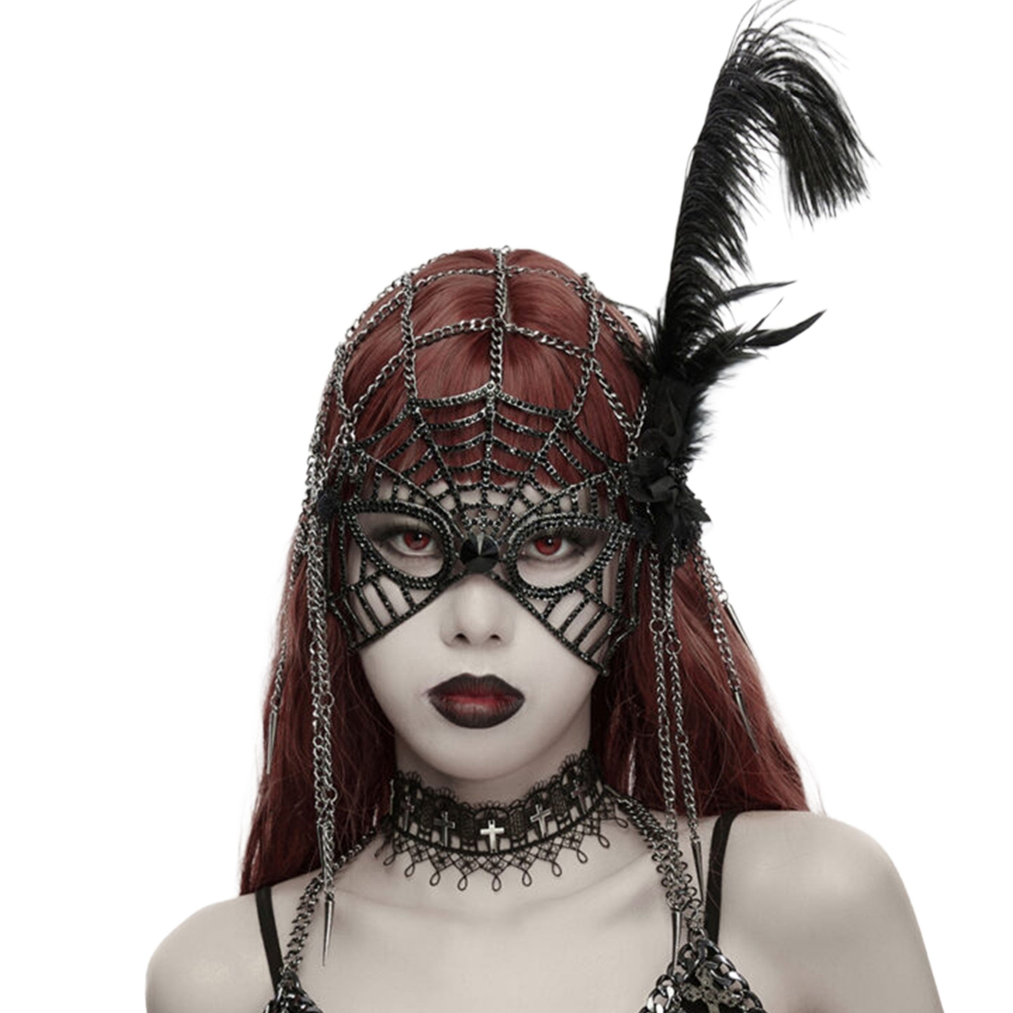 Aluminum-alloy rhinestone iron chain crystal ostrich-feather tulle mesh accessories mask chain-cap spiked-tassels spiked-pendant weighted  cobweb spider-web elastic sparkling shiny edgy mysterious opulent symmetrical fashion alt-fashion alternative goth gothic festival renaissance renfaire fantasy masquerade roleplay role-play black-widow femme-fatale spider-queen flapper roaring-20s great-gatsby costume cosplay halloween female femme feminine womens black