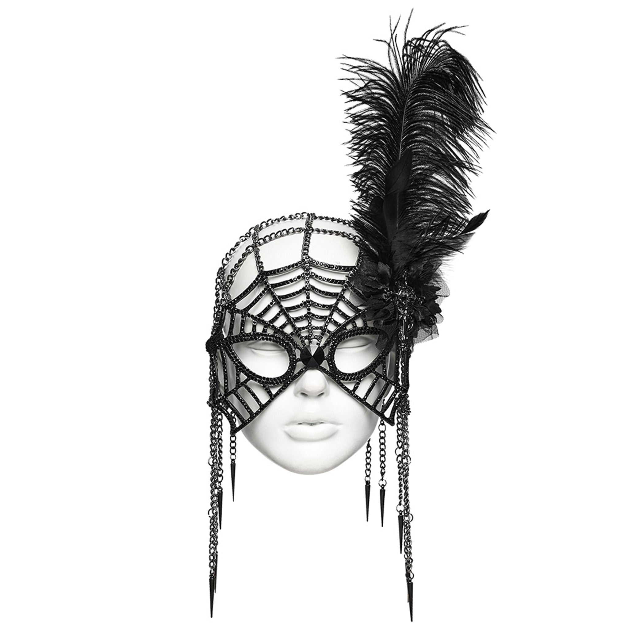 Aluminum-alloy rhinestone iron chain crystal ostrich-feather tulle mesh accessories mask chain-cap spiked-tassels spiked-pendant weighted  cobweb spider-web elastic sparkling shiny edgy mysterious opulent symmetrical fashion alt-fashion alternative goth gothic festival renaissance renfaire fantasy masquerade roleplay role-play black-widow femme-fatale spider-queen flapper roaring-20s great-gatsby costume cosplay halloween female femme feminine womens black