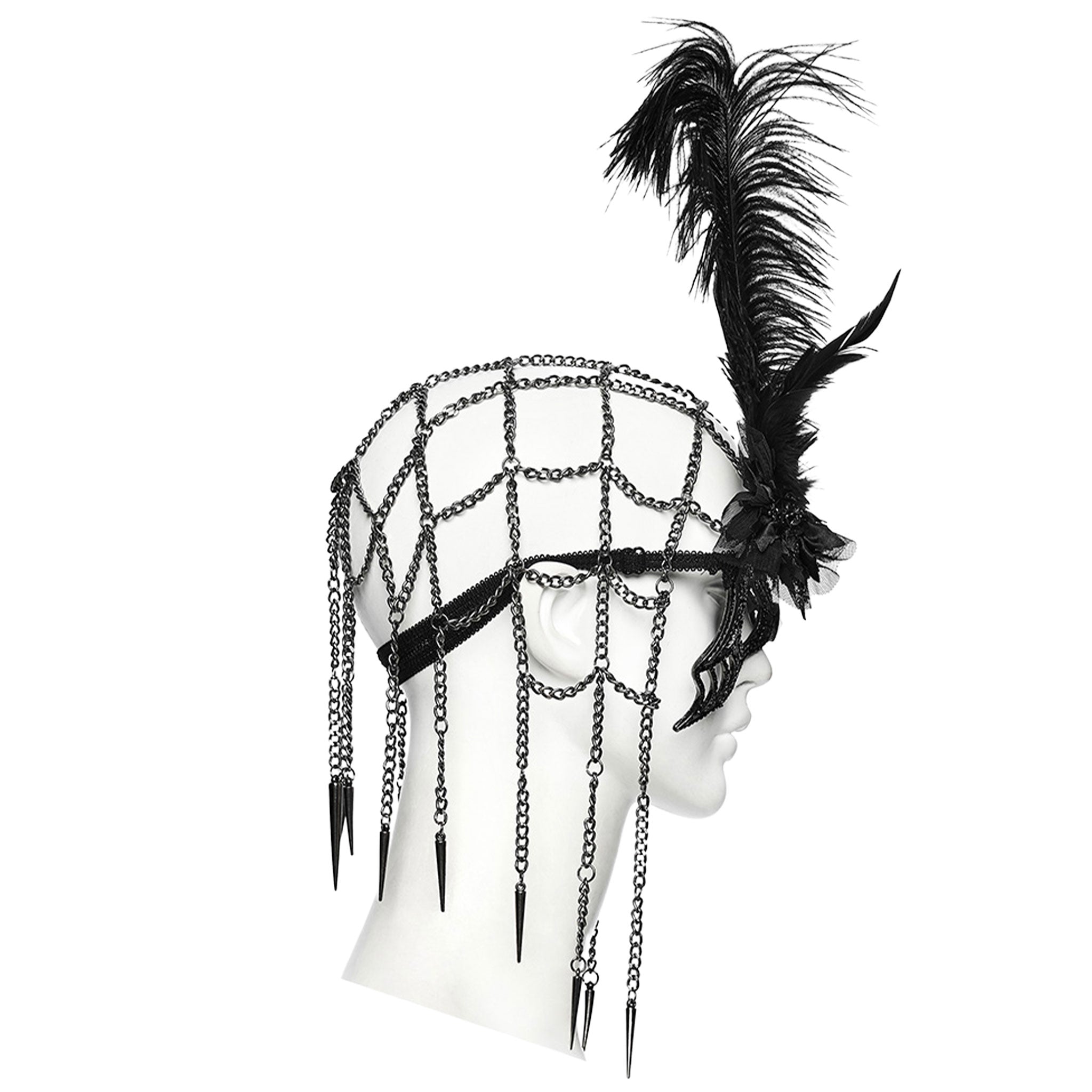 Aluminum-alloy rhinestone iron chain crystal ostrich-feather tulle mesh accessories mask chain-cap spiked-tassels spiked-pendant weighted  cobweb spider-web elastic sparkling shiny edgy mysterious opulent symmetrical fashion alt-fashion alternative goth gothic festival renaissance renfaire fantasy masquerade roleplay role-play black-widow femme-fatale spider-queen flapper roaring-20s great-gatsby costume cosplay halloween female femme feminine womens black