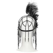 Aluminum-alloy rhinestone iron chain crystal ostrich-feather tulle mesh accessories mask chain-cap spiked-tassels spiked-pendant weighted  cobweb spider-web elastic sparkling shiny edgy mysterious opulent symmetrical fashion alt-fashion alternative goth gothic festival renaissance renfaire fantasy masquerade roleplay role-play black-widow femme-fatale spider-queen flapper roaring-20s great-gatsby costume cosplay halloween female femme feminine womens black