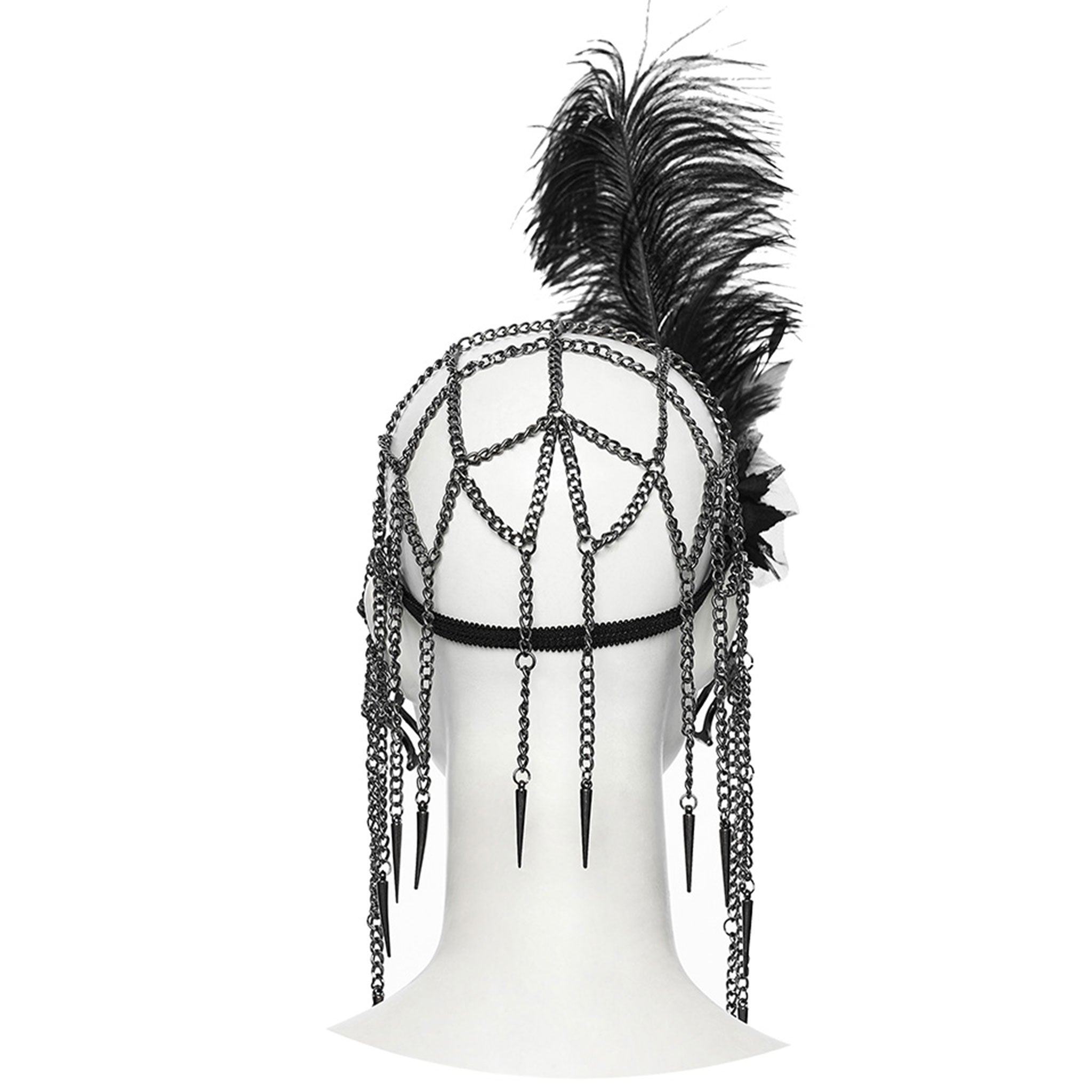 Aluminum-alloy rhinestone iron chain crystal ostrich-feather tulle mesh accessories mask chain-cap spiked-tassels spiked-pendant weighted  cobweb spider-web elastic sparkling shiny edgy mysterious opulent symmetrical fashion alt-fashion alternative goth gothic festival renaissance renfaire fantasy masquerade roleplay role-play black-widow femme-fatale spider-queen flapper roaring-20s great-gatsby costume cosplay halloween female femme feminine womens black