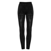 Velvet polyester elastane mesh sheer see-thru see-through floral-embossing jacquard lace-trim apparel bottoms pants leggings long-leg embossed-velvet adjustable drawstring crystal-beads stretchy comfortable stylish flattering slim-fit intricate embroidery unique elegant opulent elongating flexible contoured fashion alt-fashion alternative punk goth gothic dark romantic clubbing clubwear costume cosplay halloween vampire afterdark-collection female femme feminine womens black