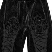 Velvet polyester elastane mesh sheer see-thru see-through floral-embossing jacquard lace-trim apparel bottoms pants leggings long-leg embossed-velvet adjustable drawstring crystal-beads stretchy comfortable stylish flattering slim-fit intricate embroidery unique elegant opulent elongating flexible contoured fashion alt-fashion alternative punk goth gothic dark romantic clubbing clubwear costume cosplay halloween vampire afterdark-collection female femme feminine womens black