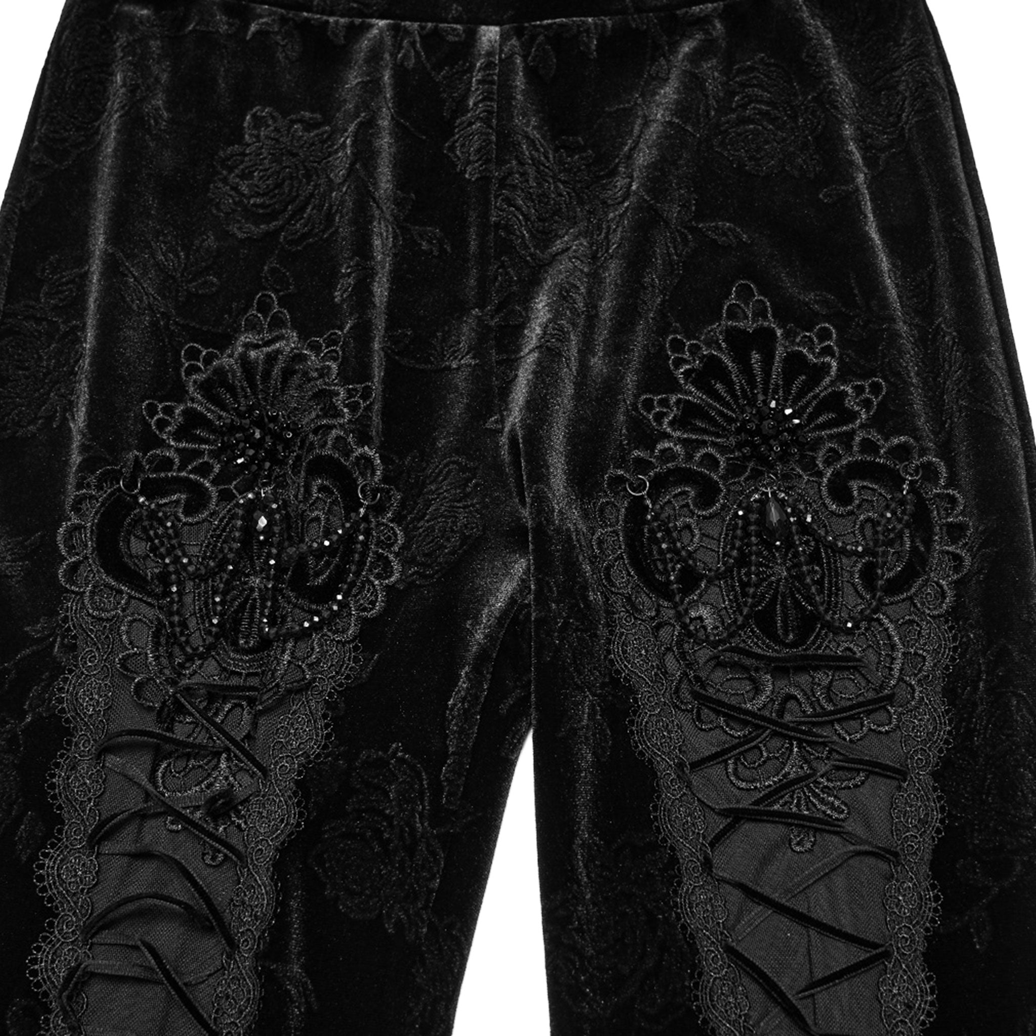 Velvet polyester elastane mesh sheer see-thru see-through floral-embossing jacquard lace-trim apparel bottoms pants leggings long-leg embossed-velvet adjustable drawstring crystal-beads stretchy comfortable stylish flattering slim-fit intricate embroidery unique elegant opulent elongating flexible contoured fashion alt-fashion alternative punk goth gothic dark romantic clubbing clubwear costume cosplay halloween vampire afterdark-collection female femme feminine womens black