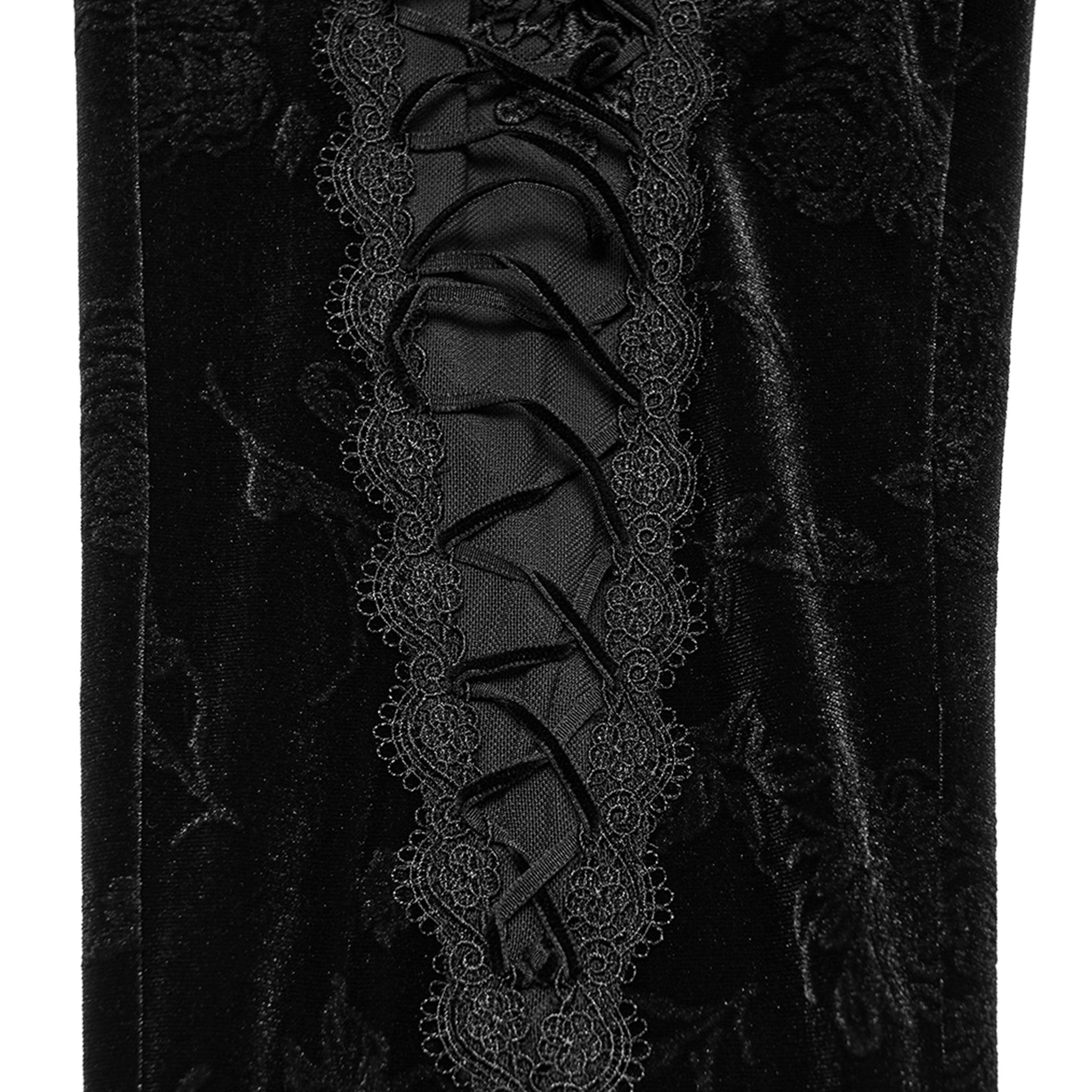 Velvet polyester elastane mesh sheer see-thru see-through floral-embossing jacquard lace-trim apparel bottoms pants leggings long-leg embossed-velvet adjustable drawstring crystal-beads stretchy comfortable stylish flattering slim-fit intricate embroidery unique elegant opulent elongating flexible contoured fashion alt-fashion alternative punk goth gothic dark romantic clubbing clubwear costume cosplay halloween vampire afterdark-collection female femme feminine womens black
