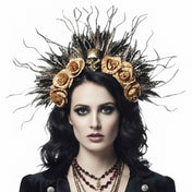 Plastic nylon accessories head-gear headband crown halo hairband foliage roses willow corkscrew-willow skull radiant flexible bold striking mysterious layered fetish fashion alt-fashion goth gothic theatrical dancewear party kink kinky costume cosplay halloween halloween-accessories day-of-the-dead dia-de-los-muertos spanish latin dead-bride female femme feminine womens gold