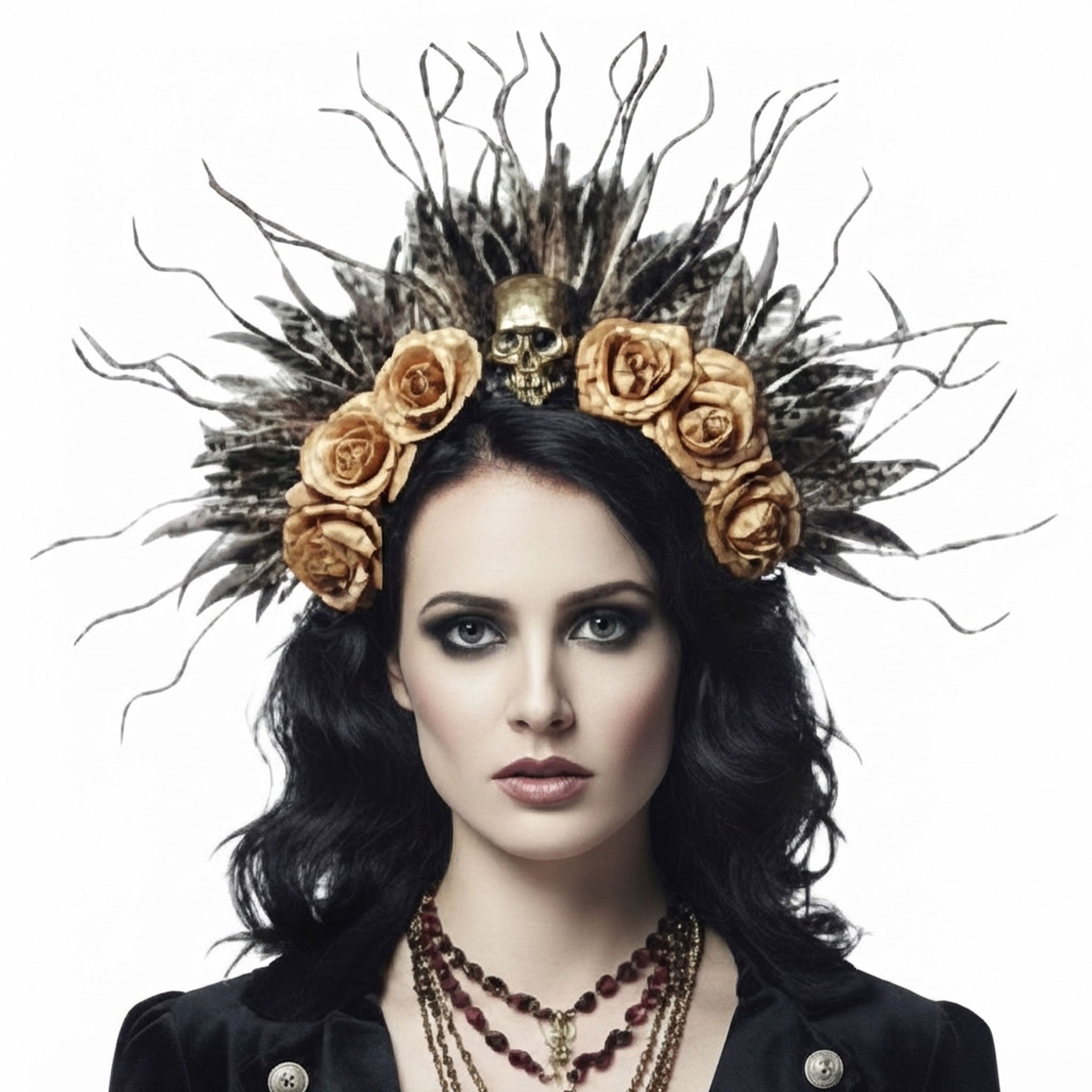 Plastic nylon accessories head-gear headband crown halo hairband foliage roses willow corkscrew-willow skull radiant flexible bold striking mysterious layered fetish fashion alt-fashion goth gothic theatrical dancewear party kink kinky costume cosplay halloween halloween-accessories day-of-the-dead dia-de-los-muertos spanish latin dead-bride female femme feminine womens gold