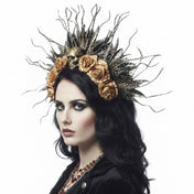 Plastic nylon accessories head-gear headband crown halo hairband foliage roses willow corkscrew-willow skull radiant flexible bold striking mysterious layered fetish fashion alt-fashion goth gothic theatrical dancewear party kink kinky costume cosplay halloween halloween-accessories day-of-the-dead dia-de-los-muertos spanish latin dead-bride female femme feminine womens gold