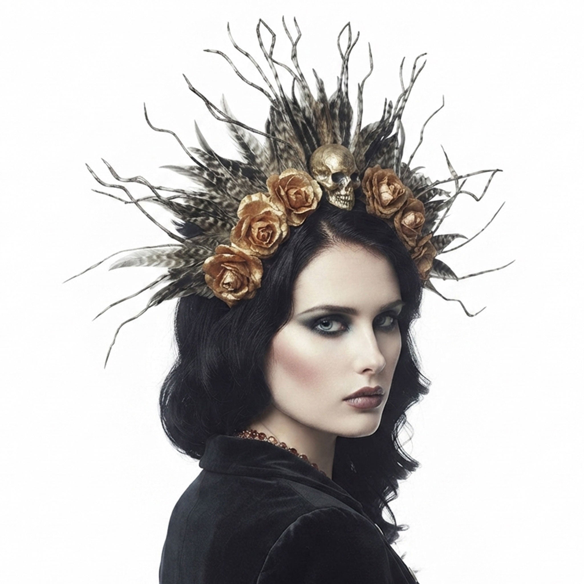 Plastic nylon accessories head-gear headband crown halo hairband foliage roses willow corkscrew-willow skull radiant flexible bold striking mysterious layered fetish fashion alt-fashion goth gothic theatrical dancewear party kink kinky costume cosplay halloween halloween-accessories day-of-the-dead dia-de-los-muertos spanish latin dead-bride female femme feminine womens gold