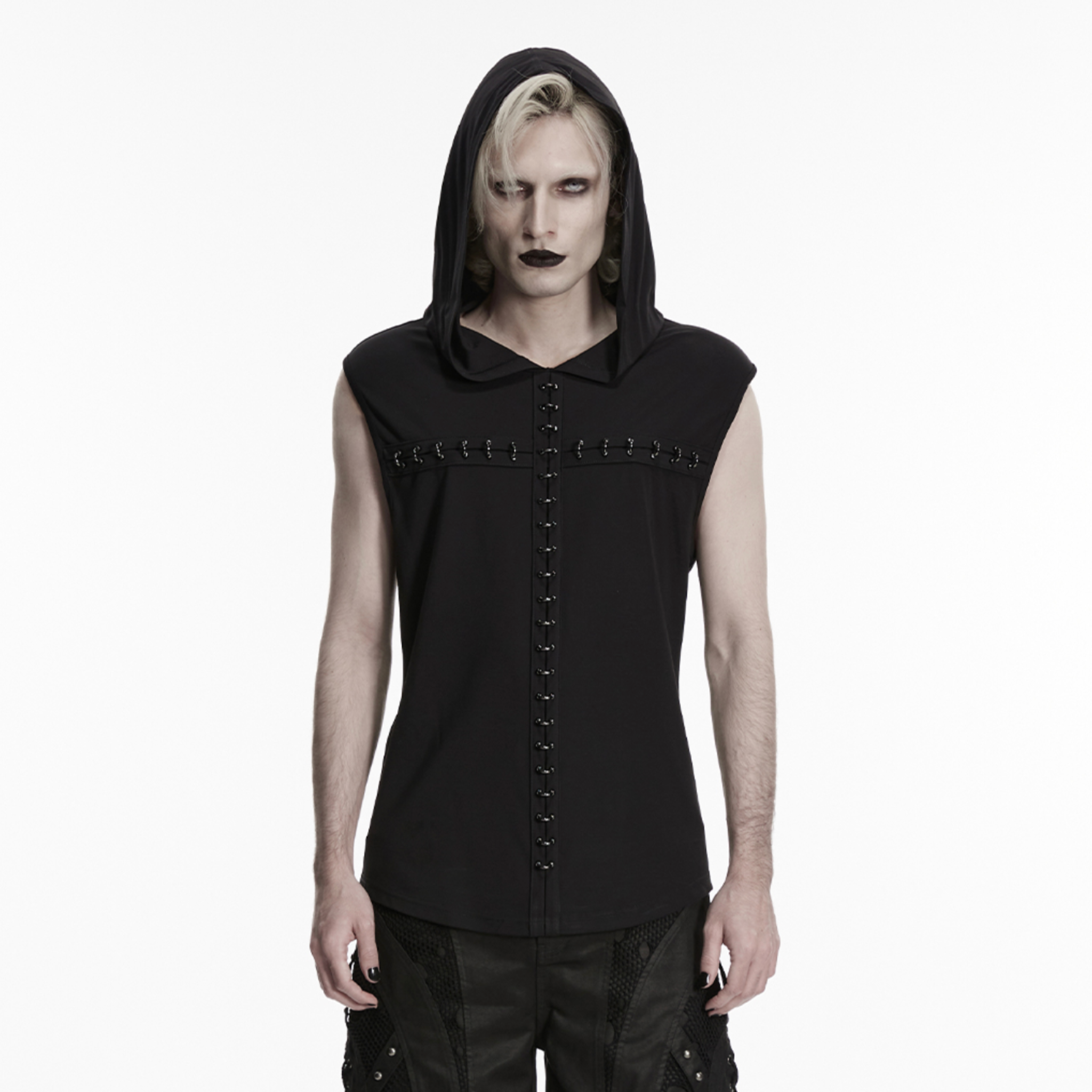 gothic hooded vest black sleeveless dark t shirt metal cross chest detail lace up front alternative punk fashion hooded top edgy gothic clothing stretch knit vest