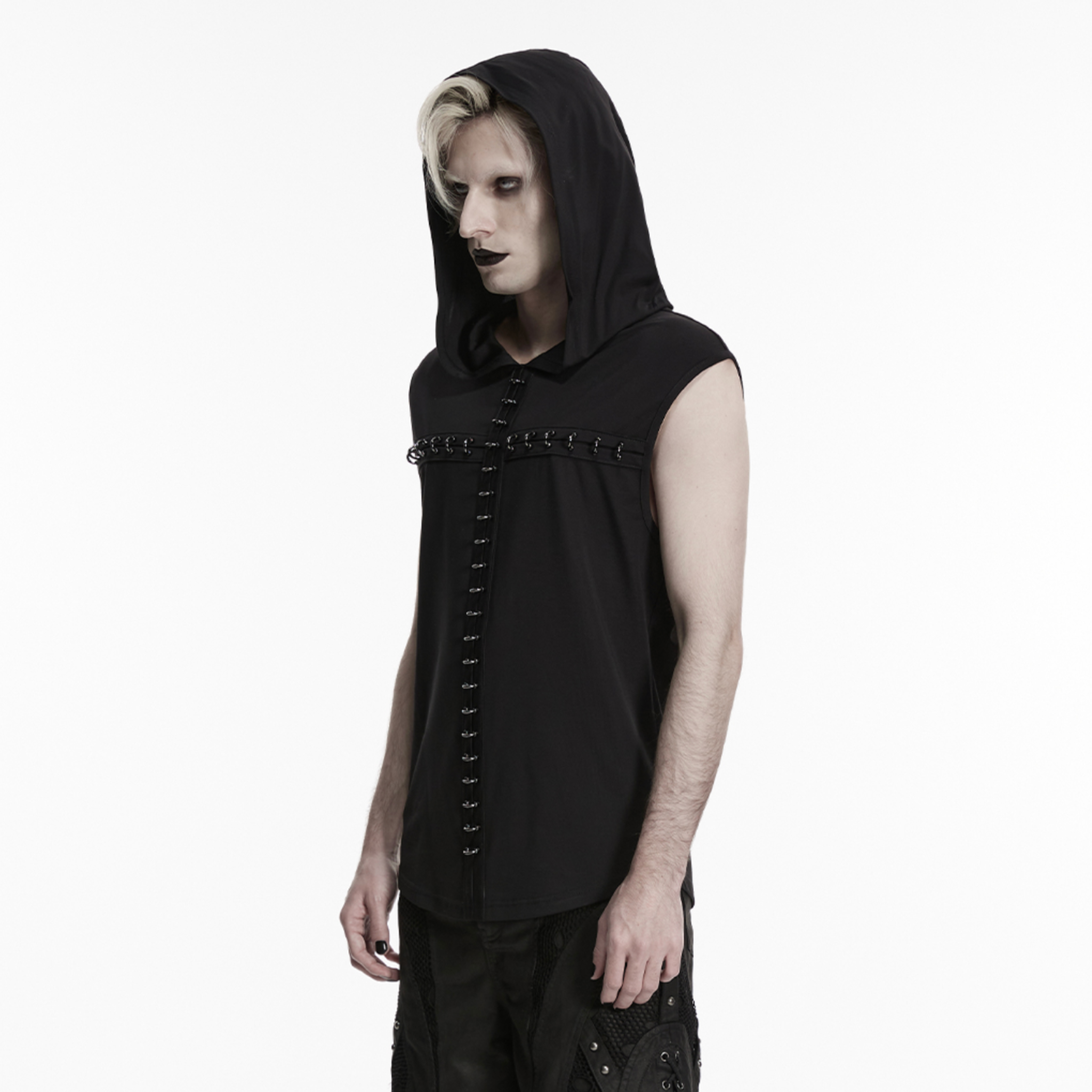 gothic hooded vest black sleeveless dark t shirt metal cross chest detail lace up front alternative punk fashion hooded top edgy gothic clothing stretch knit vest