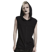 Viscose elastane polyamide metallic-accents knit-fabric apparel tops shirt t-shirt vest sleeveless hoodie hooded semi-circular cross stretchy dark edgy comfortable sleek fashion alt-fashion alternative punk goth gothic afterdark-collection male masculine masc mens menswear guys dudes unisex black