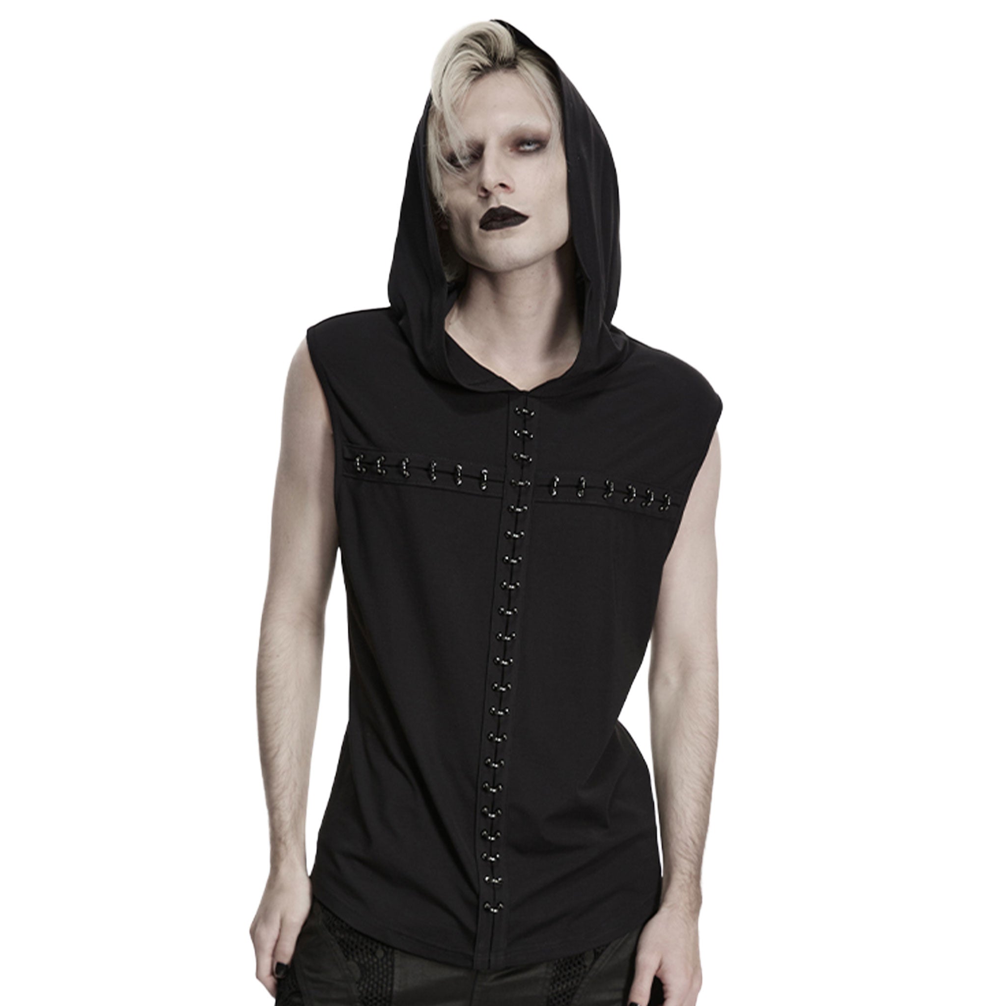 Viscose elastane polyamide metallic-accents knit-fabric apparel tops shirt t-shirt vest sleeveless hoodie hooded semi-circular cross stretchy dark edgy comfortable sleek fashion alt-fashion alternative punk goth gothic afterdark-collection male masculine masc mens menswear guys dudes unisex black