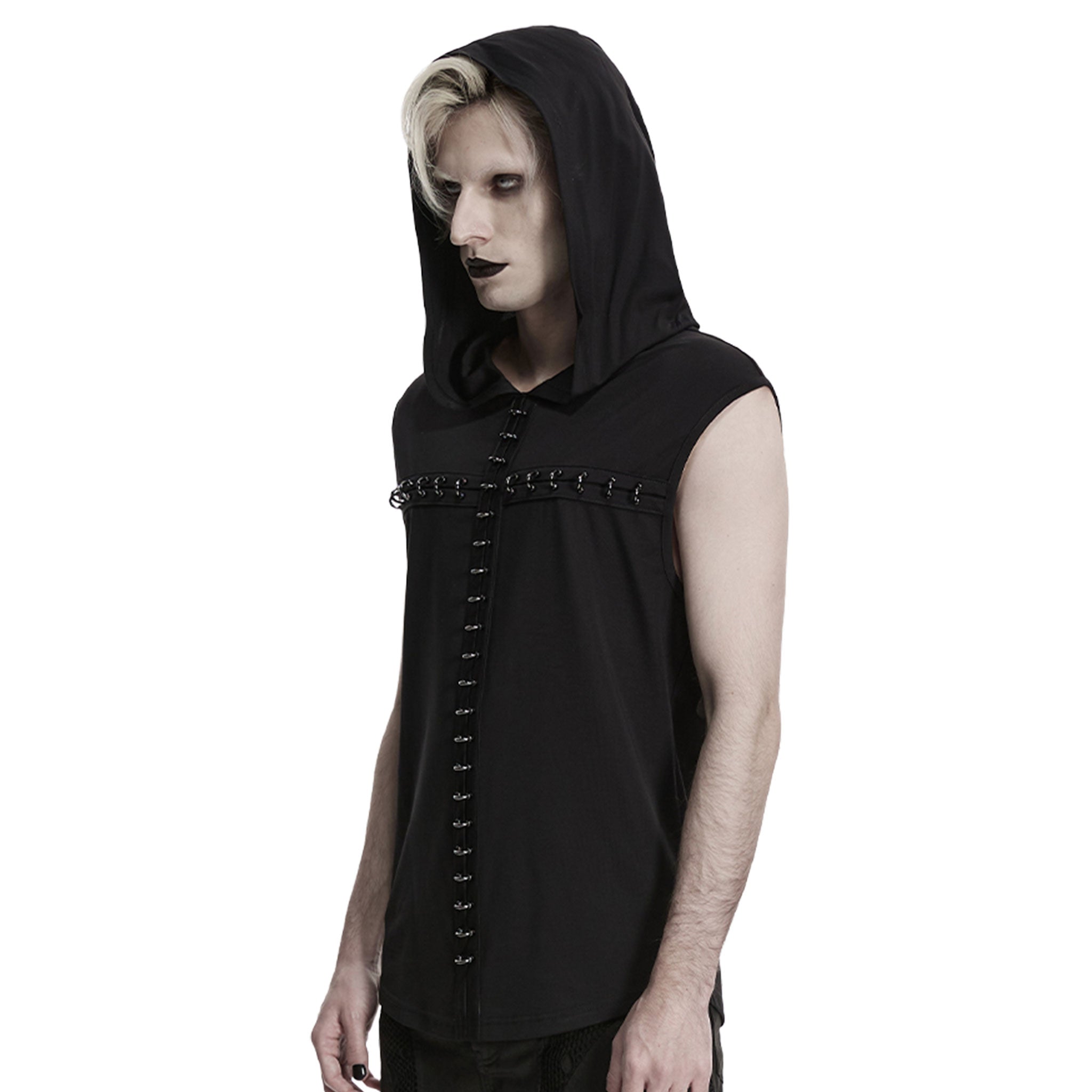 Viscose elastane polyamide metallic-accents knit-fabric apparel tops shirt t-shirt vest sleeveless hoodie hooded semi-circular cross stretchy dark edgy comfortable sleek fashion alt-fashion alternative punk goth gothic afterdark-collection male masculine masc mens menswear guys dudes unisex black