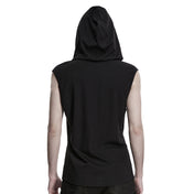 Viscose elastane polyamide metallic-accents knit-fabric apparel tops shirt t-shirt vest sleeveless hoodie hooded semi-circular cross stretchy dark edgy comfortable sleek fashion alt-fashion alternative punk goth gothic afterdark-collection male masculine masc mens menswear guys dudes unisex black