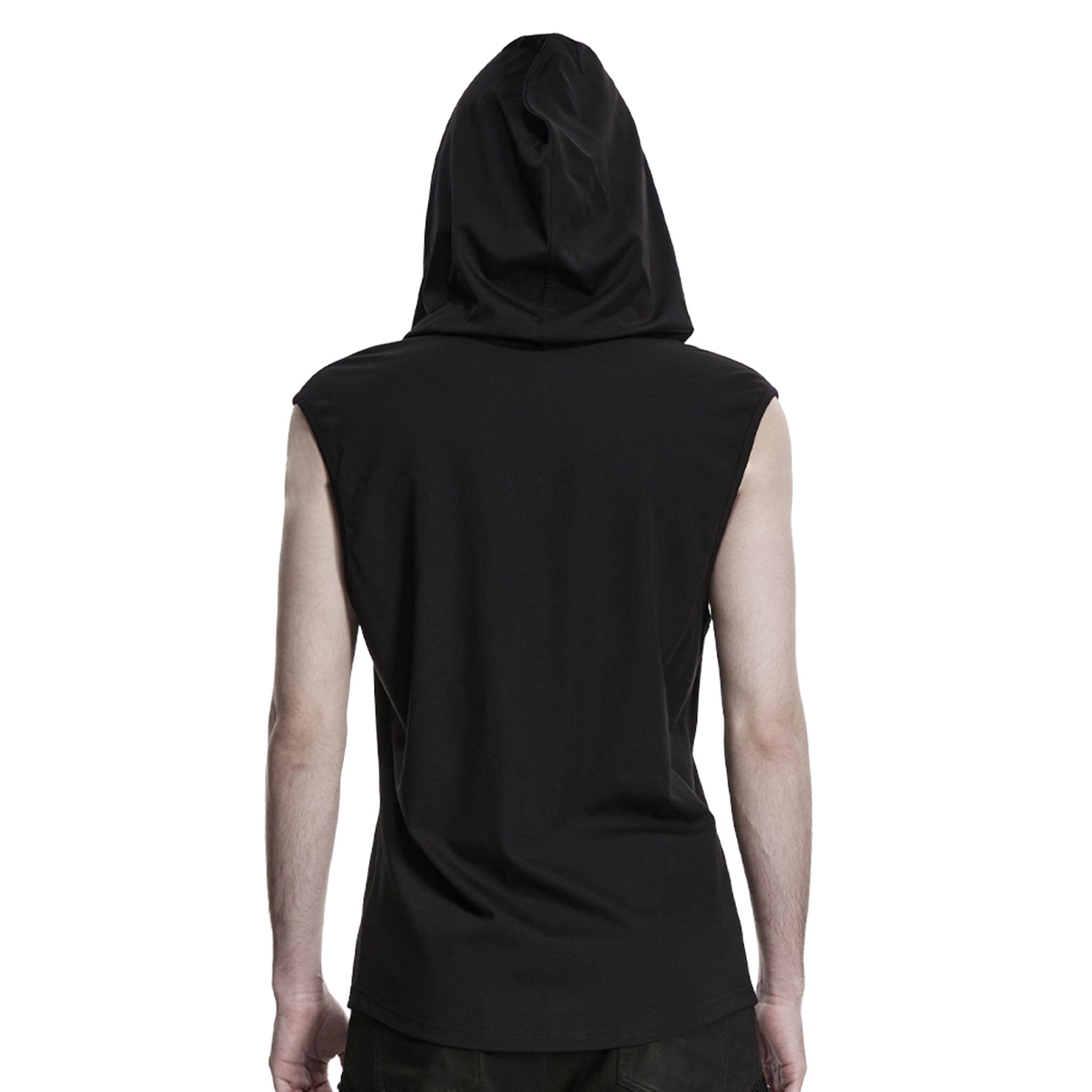 Viscose elastane polyamide metallic-accents knit-fabric apparel tops shirt t-shirt vest sleeveless hoodie hooded semi-circular cross stretchy dark edgy comfortable sleek fashion alt-fashion alternative punk goth gothic afterdark-collection male masculine masc mens menswear guys dudes unisex black