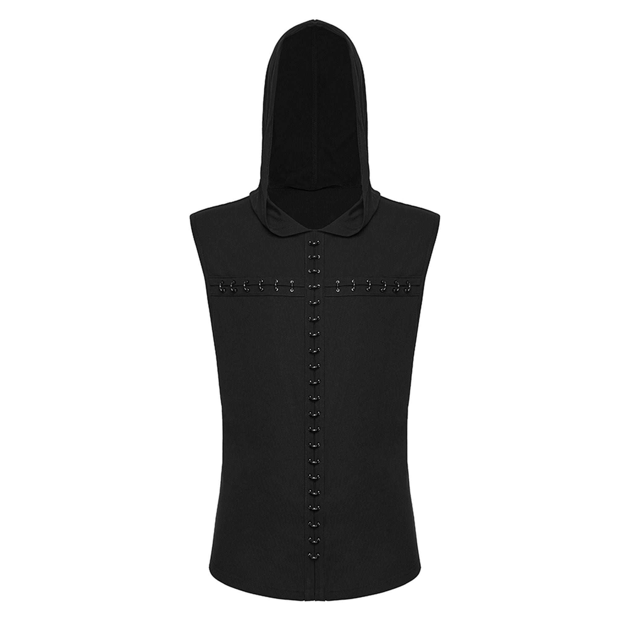 Viscose elastane polyamide metallic-accents knit-fabric apparel tops shirt t-shirt vest sleeveless hoodie hooded semi-circular cross stretchy dark edgy comfortable sleek fashion alt-fashion alternative punk goth gothic afterdark-collection male masculine masc mens menswear guys dudes unisex black