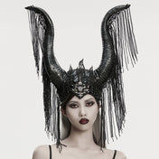 Polyester metallic-alloy rubber molded-rubber styrofoam headgear head-gear horned horns long-horns big-horns crown lace lace-chain chain-lace flame-lace ornate ornamental lace-fringe chain-fringe lightweight cascading dramatic exquisite intricate elastic flexible close-fitting alt-fashion goth gothic sinister dark fantasy regal striking costume cosplay halloween queen demon-queen dark-queen sorceress sorcerer cursed witch monarch empress emperor vampire female femme feminine womens black