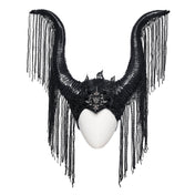 Polyester metallic-alloy rubber molded-rubber styrofoam headgear head-gear horned horns long-horns big-horns crown lace lace-chain chain-lace flame-lace ornate ornamental lace-fringe chain-fringe lightweight cascading dramatic exquisite intricate elastic flexible close-fitting alt-fashion goth gothic sinister dark fantasy regal striking costume cosplay halloween queen demon-queen dark-queen sorceress sorcerer cursed witch monarch empress emperor vampire female femme feminine womens black