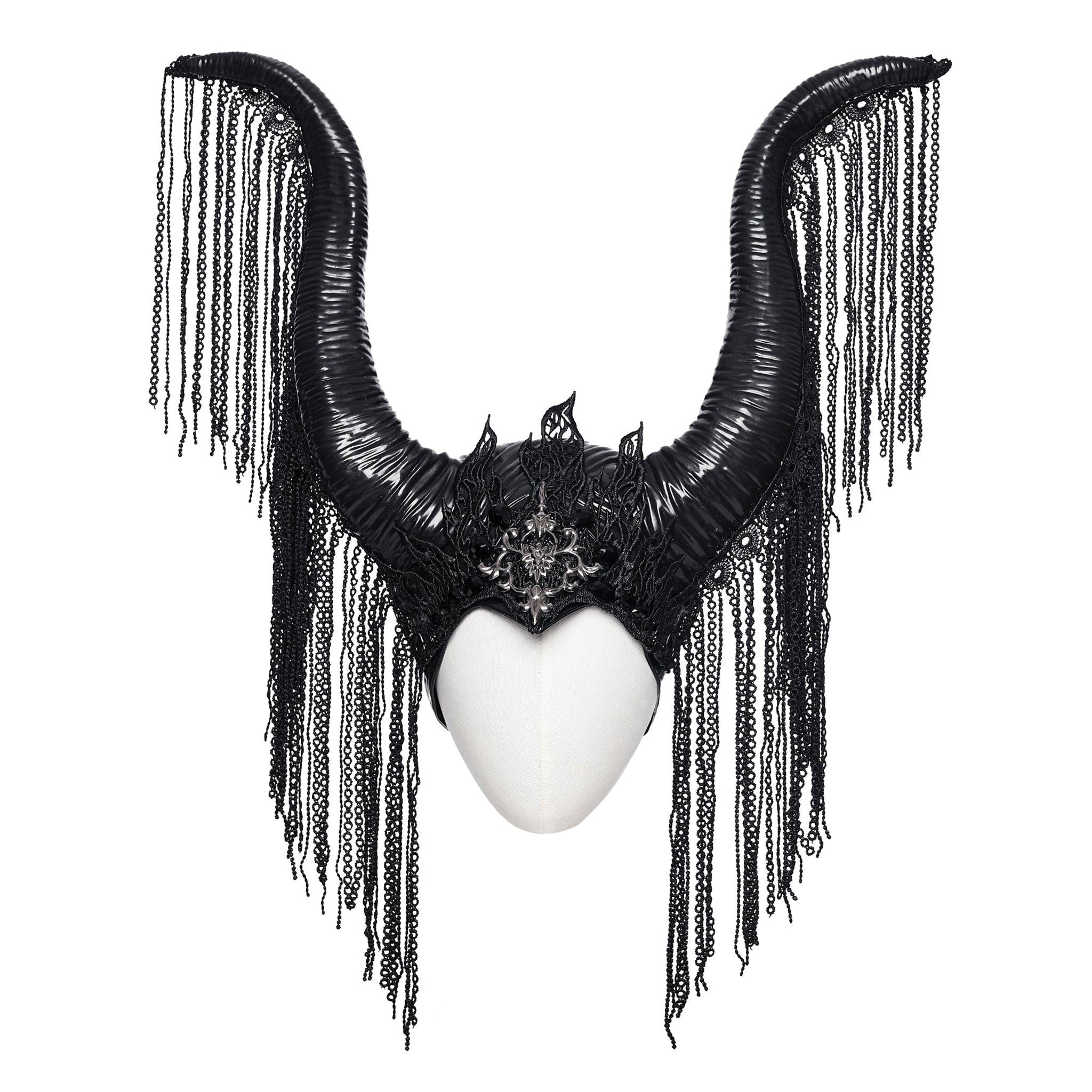 Polyester metallic-alloy rubber molded-rubber styrofoam headgear head-gear horned horns long-horns big-horns crown lace lace-chain chain-lace flame-lace ornate ornamental lace-fringe chain-fringe lightweight cascading dramatic exquisite intricate elastic flexible close-fitting alt-fashion goth gothic sinister dark fantasy regal striking costume cosplay halloween queen demon-queen dark-queen sorceress sorcerer cursed witch monarch empress emperor vampire female femme feminine womens black