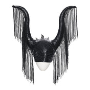 Polyester metallic-alloy rubber molded-rubber styrofoam headgear head-gear horned horns long-horns big-horns crown lace lace-chain chain-lace flame-lace ornate ornamental lace-fringe chain-fringe lightweight cascading dramatic exquisite intricate elastic flexible close-fitting alt-fashion goth gothic sinister dark fantasy regal striking costume cosplay halloween queen demon-queen dark-queen sorceress sorcerer cursed witch monarch empress emperor vampire female femme feminine womens black