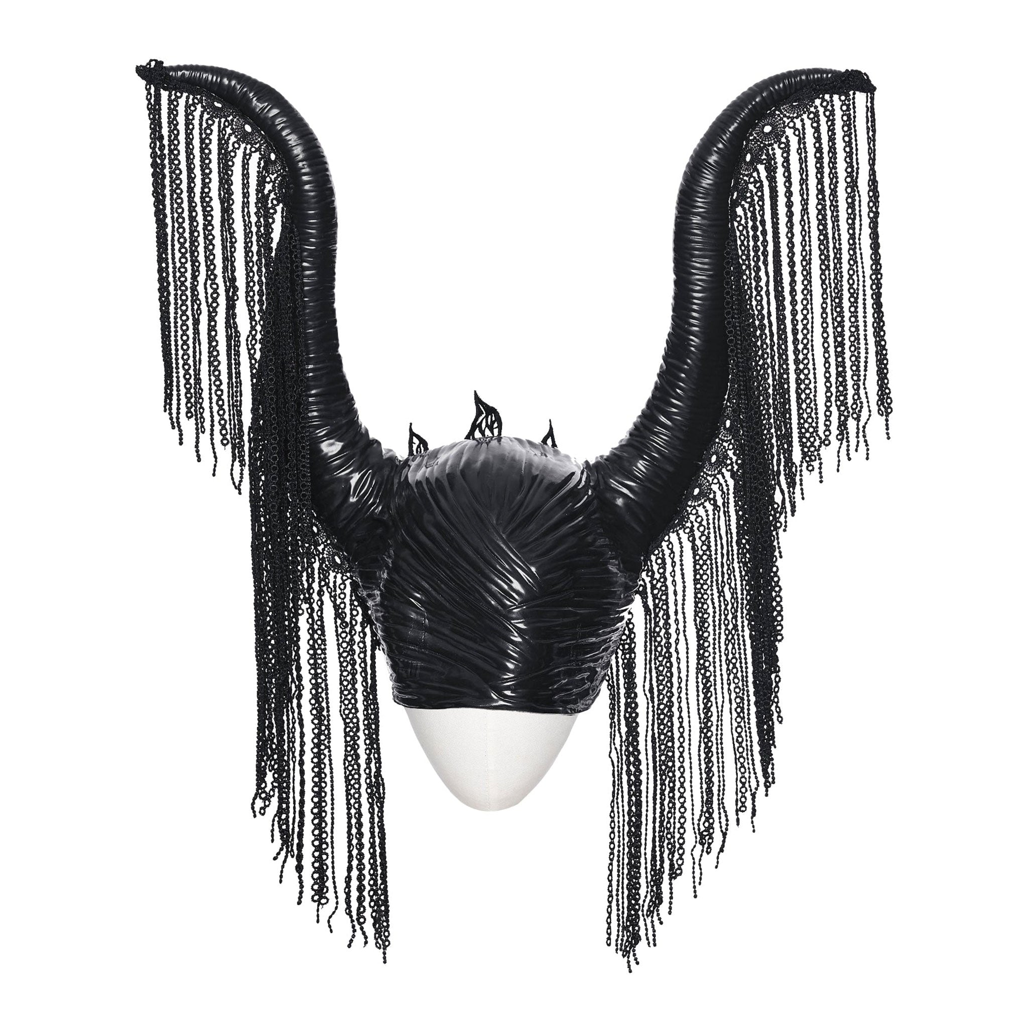 Polyester metallic-alloy rubber molded-rubber styrofoam headgear head-gear horned horns long-horns big-horns crown lace lace-chain chain-lace flame-lace ornate ornamental lace-fringe chain-fringe lightweight cascading dramatic exquisite intricate elastic flexible close-fitting alt-fashion goth gothic sinister dark fantasy regal striking costume cosplay halloween queen demon-queen dark-queen sorceress sorcerer cursed witch monarch empress emperor vampire female femme feminine womens black