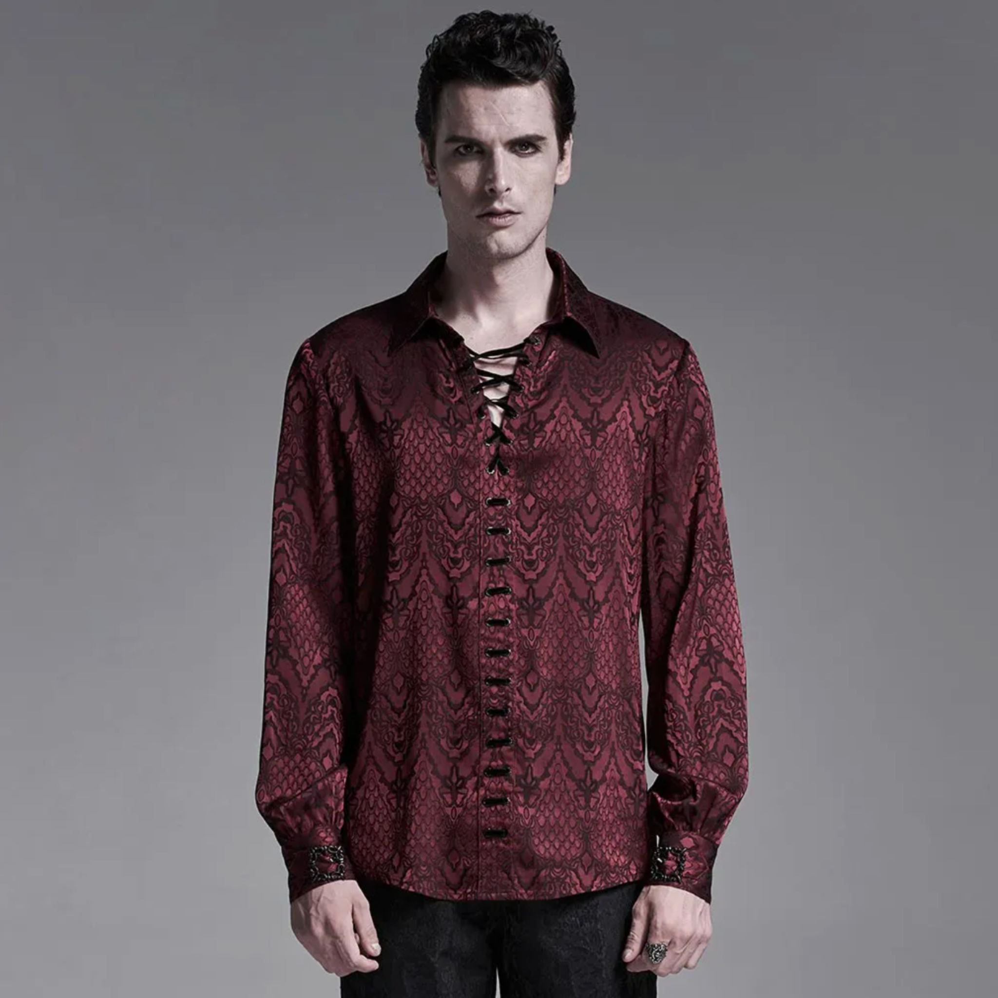 gothic jacquard shirt black vintage lace-up plum blossom collar metal cuff buckles fitted gothic fashion dark romantic clothing elegant goth mens shirt alternative formalwear