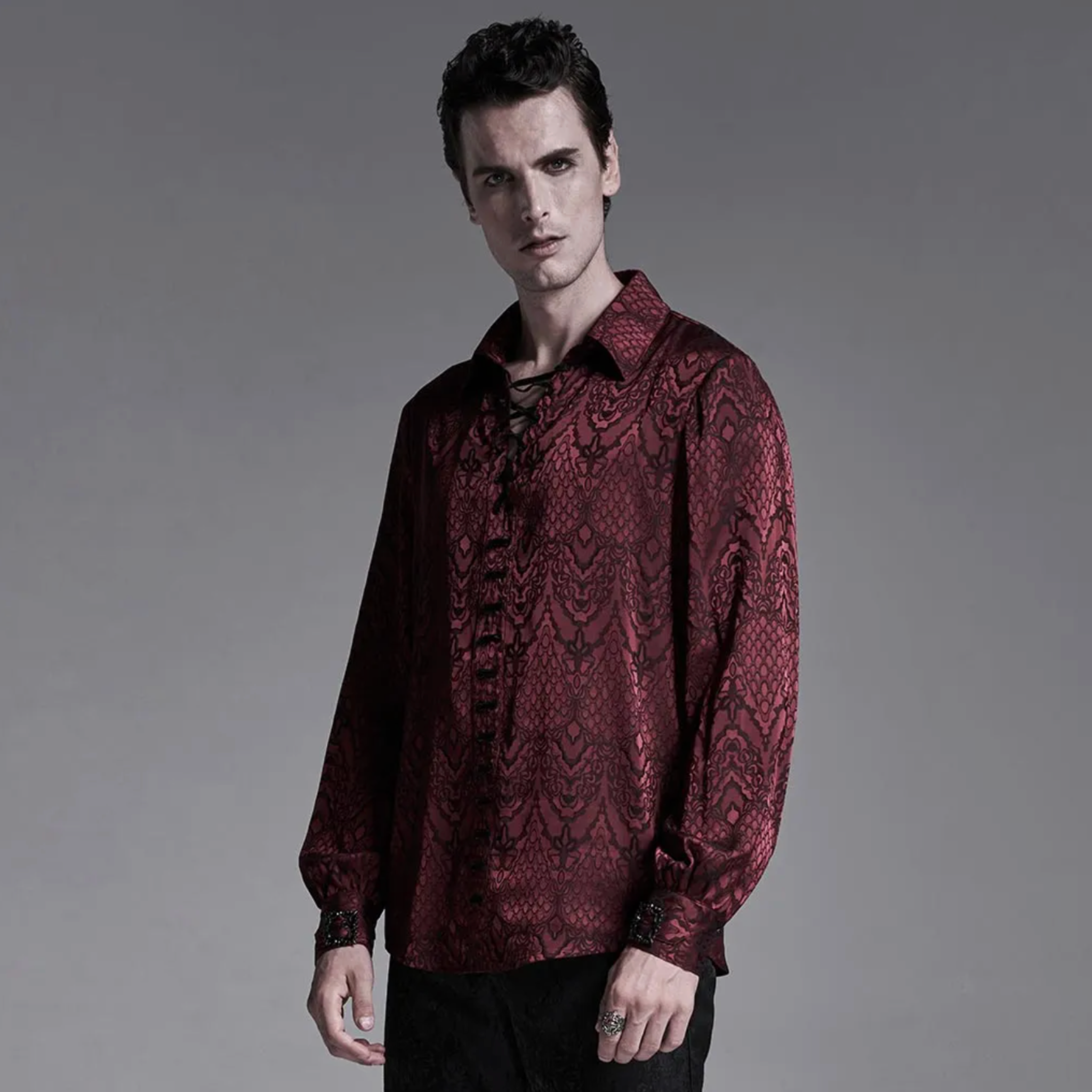gothic jacquard shirt black vintage lace-up plum blossom collar metal cuff buckles fitted gothic fashion dark romantic clothing elegant goth mens shirt alternative formalwear