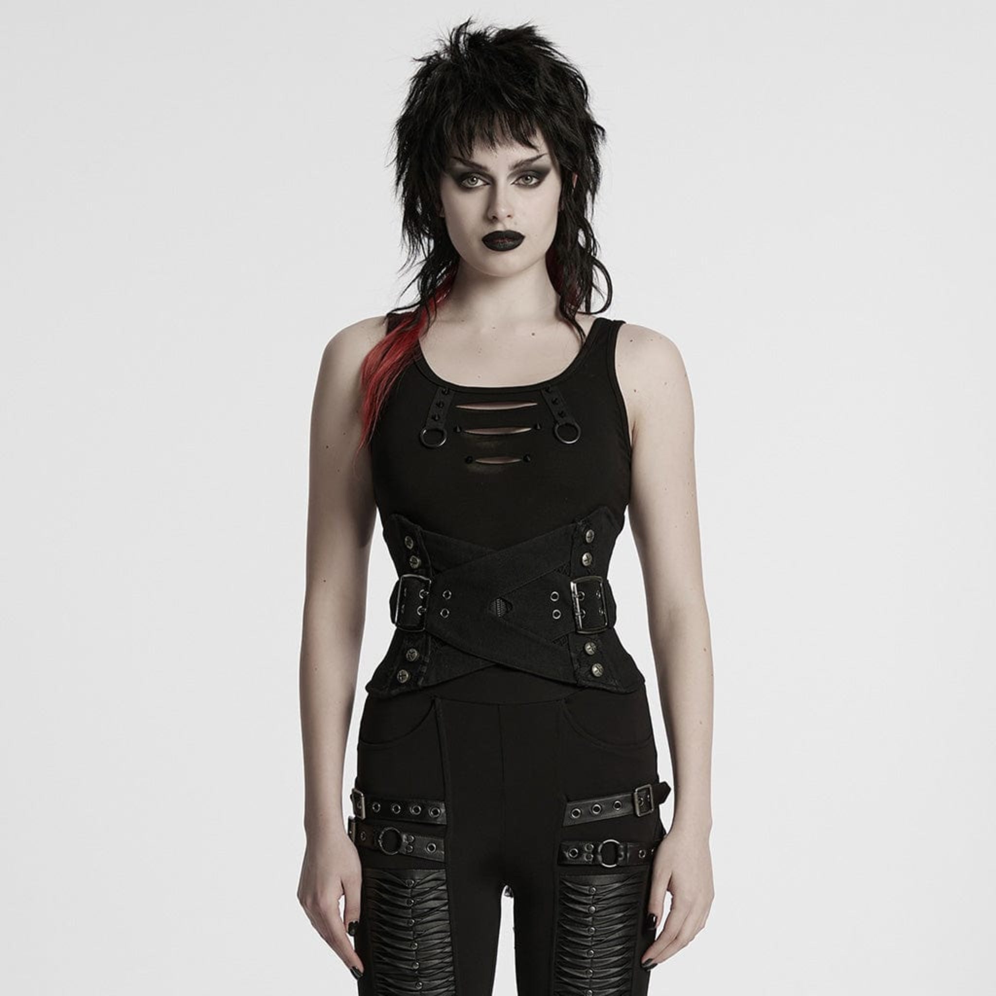 gothic lace up belted punk waist cincher corset underbust braided buckle skull drawstring zipper closure goth steampunk alternative fashion fetish factory