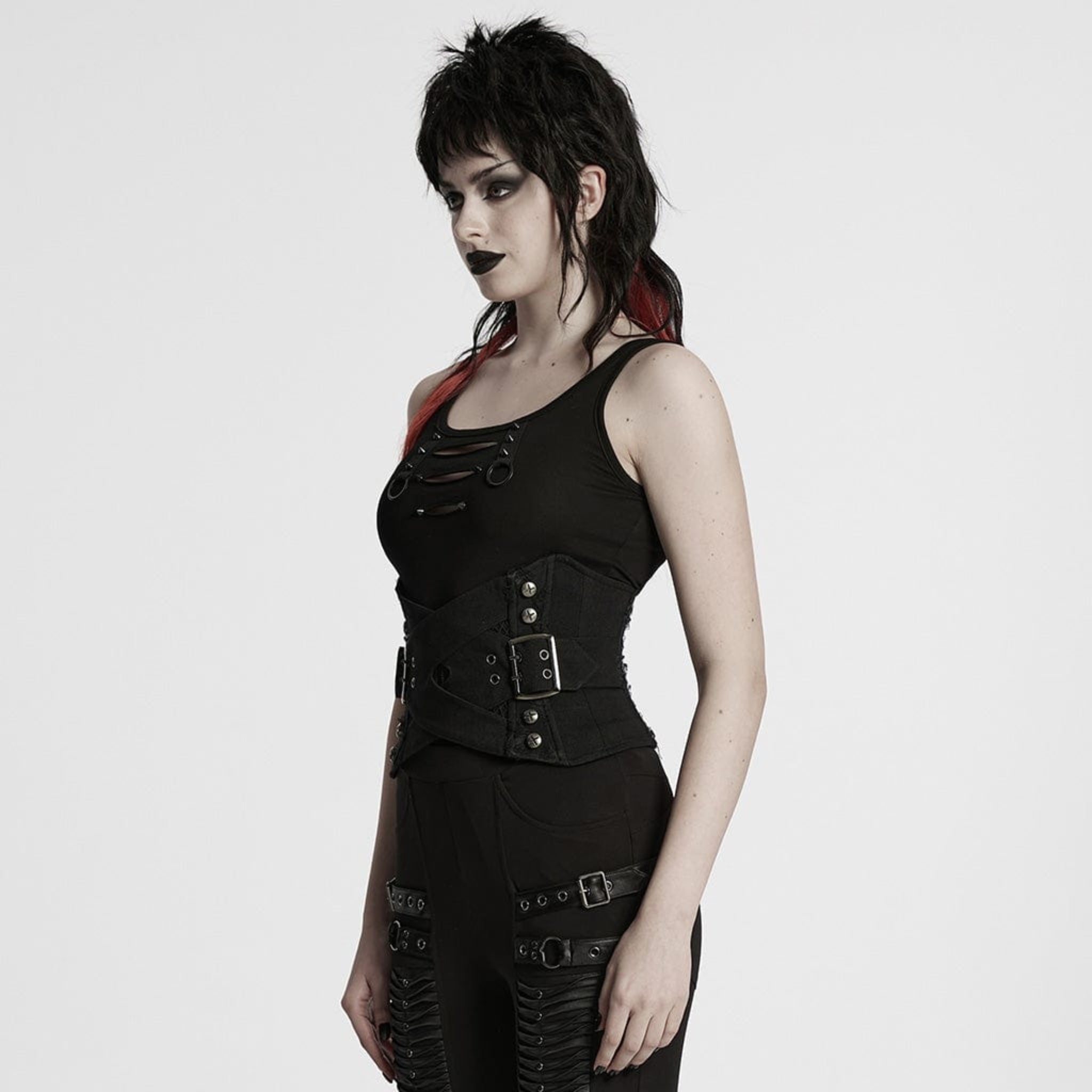 gothic lace up belted punk waist cincher corset underbust braided buckle skull drawstring zipper closure goth steampunk alternative fashion fetish factory