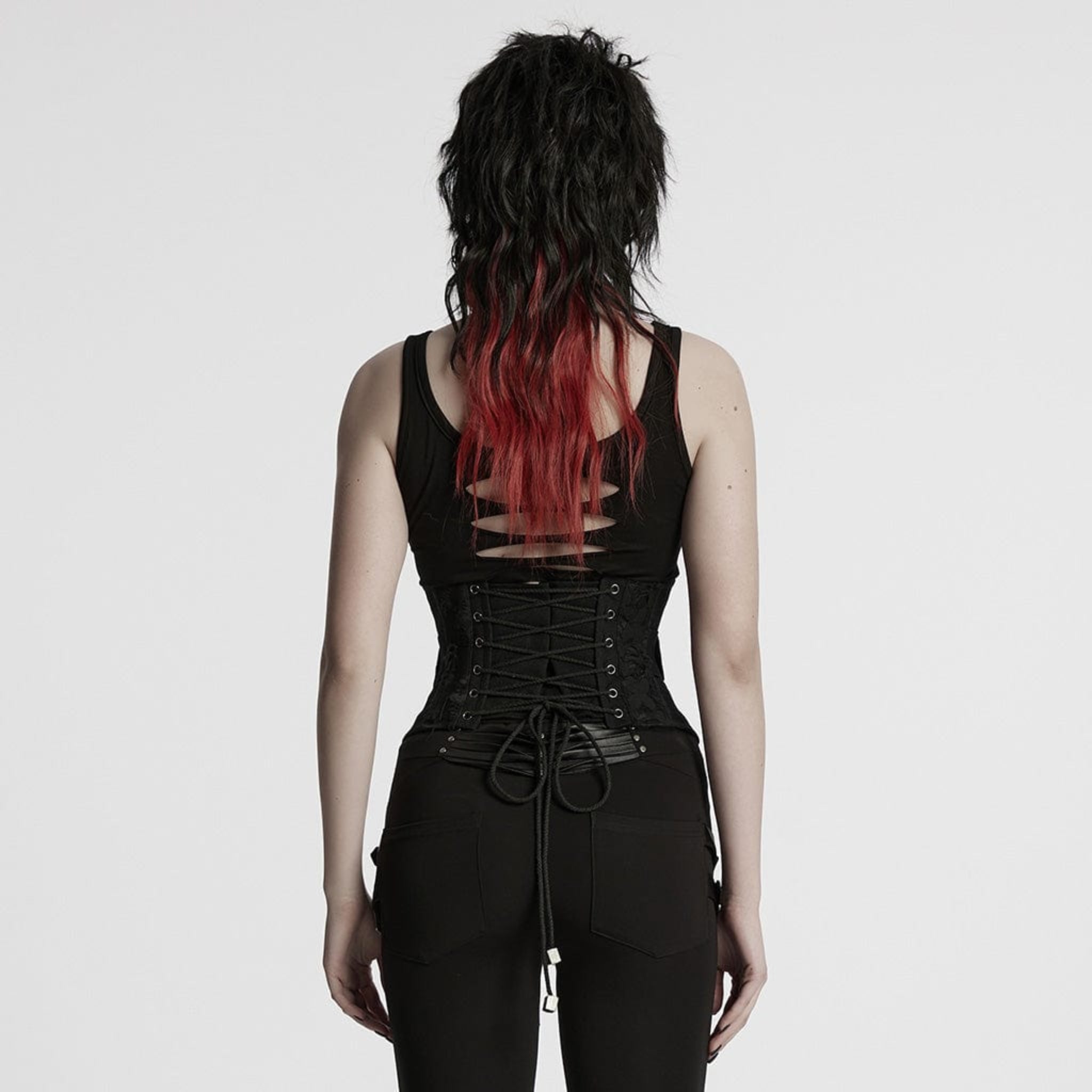 gothic lace up belted punk waist cincher corset underbust braided buckle skull drawstring zipper closure goth steampunk alternative fashion fetish factory