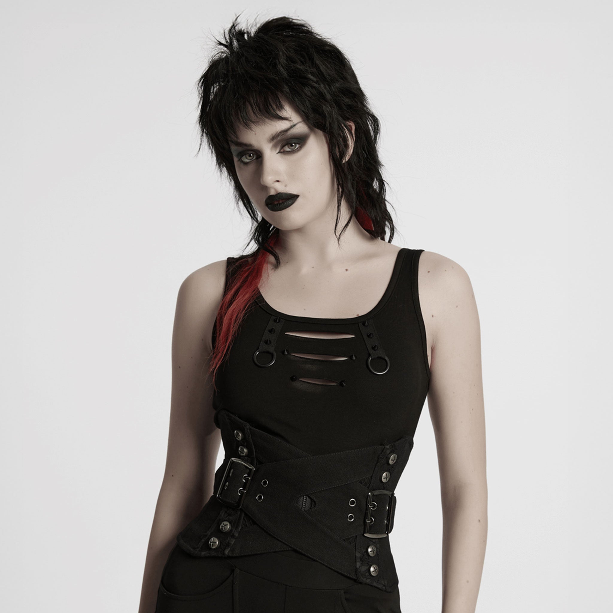 Cotton polyester viscose polyamide nylon-cording mesh mesh-paneling apparel top cincher corset underbust underbust-corset lace-up belted braided-cord cinching-cord braided-drawstring skull-tipped screw-head phillips-head cross-head zipper front-zip buckle-straps overlapping-straps double-prong prong-buckle contrast breathability structured-fit tailored bold fetish fashion alternative alt-fashion punk goth gothic gothic-doll industrial costume cosplay steampunk steam-punk female femme feminine womens black